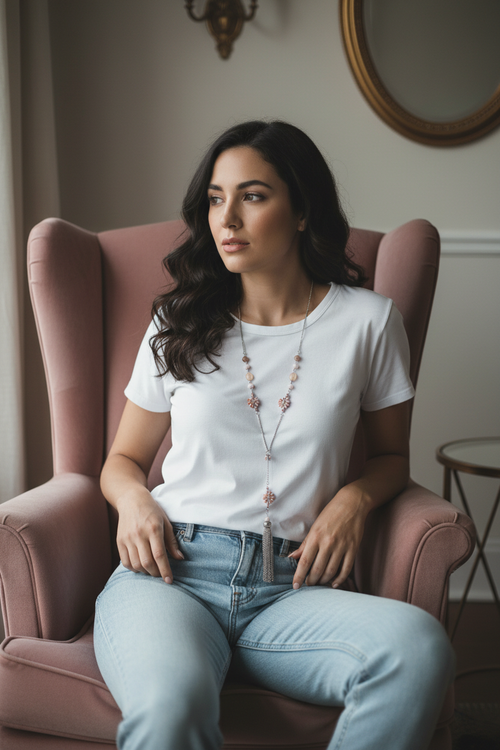 Model wearing lariat with white tee