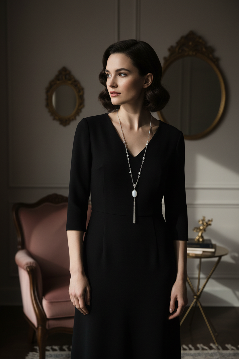 Model wearing moonstone lariat with black dress