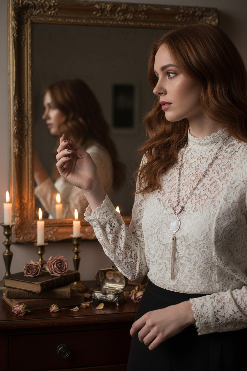 Model wearing moonstone lariat with lace blouse