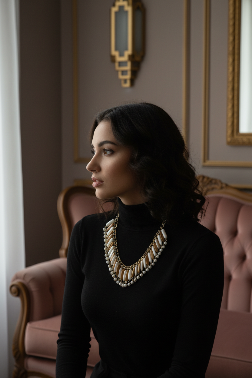 Model wearing shorter necklace with black turtleneck