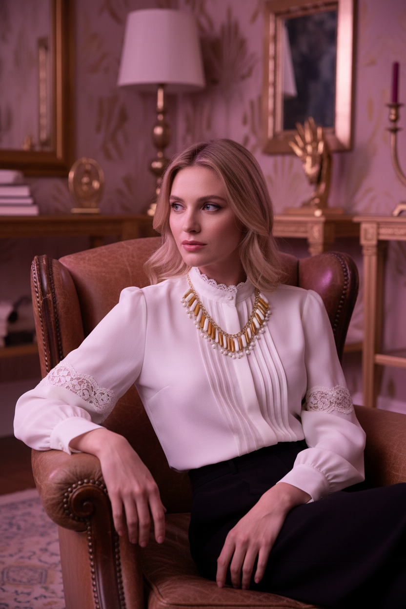 Model wearing shorter necklace with white blouse