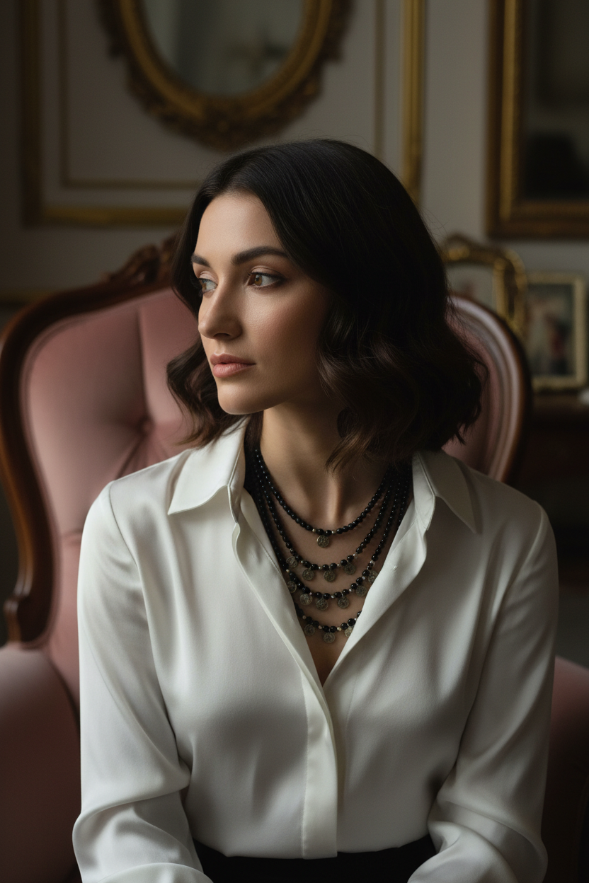 Model wearing shorter necklace with white shirt
