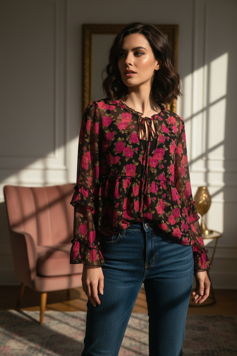 Model wearing vibrant floral blouse with denim