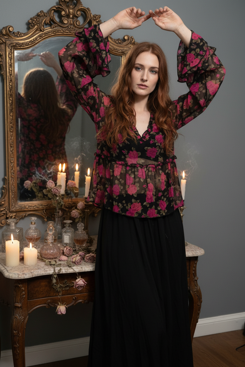 Model wearing vibrant floral blouse with midi skirt