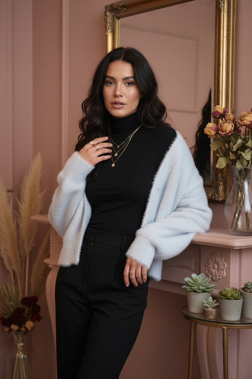 Model with cardigan draped over shoulders