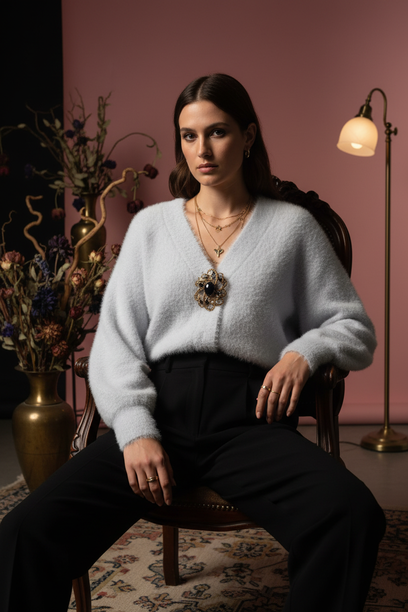 Model with cardigan open over trousers