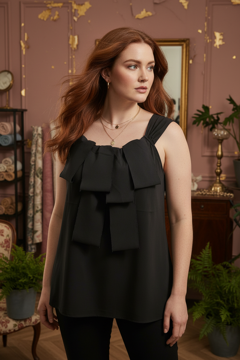 Noir Bow Camisole - Red Hair Model Front