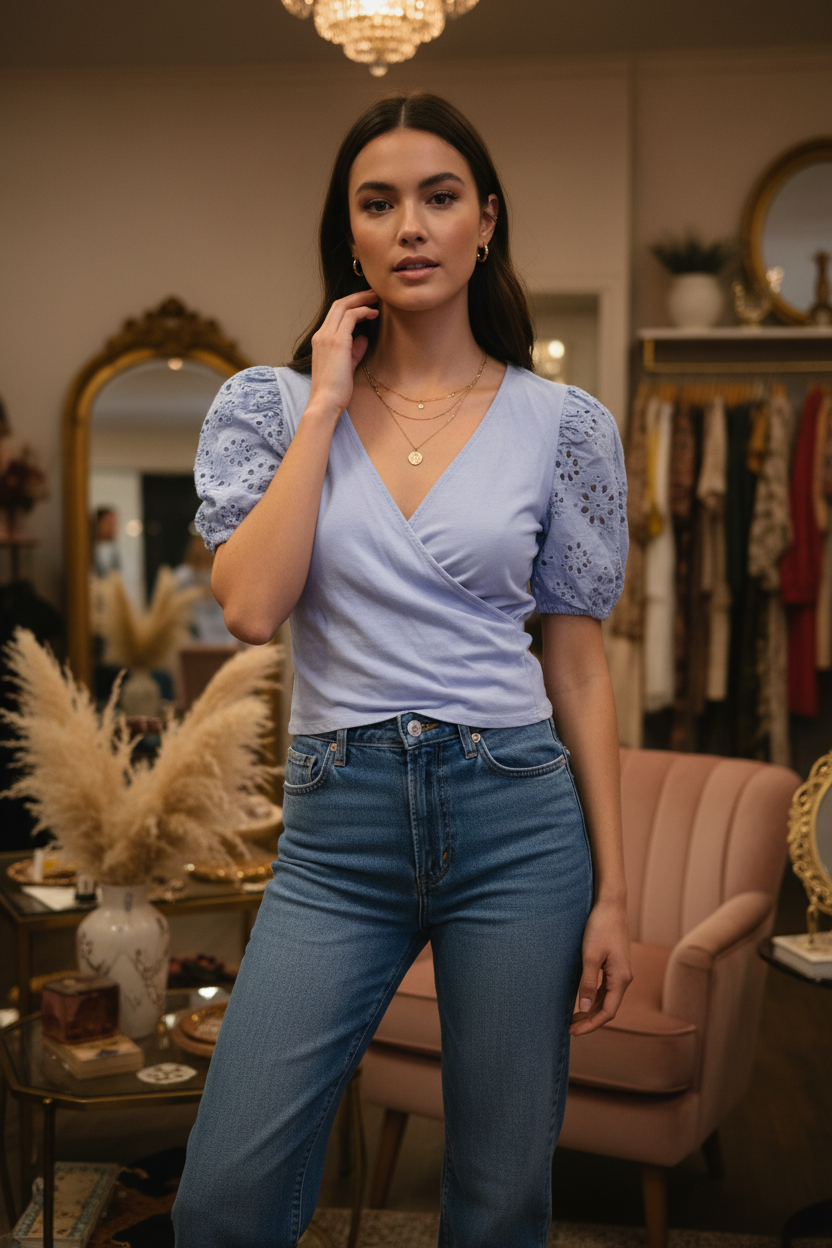 Periwinkle eyelet top - casual daytime styling