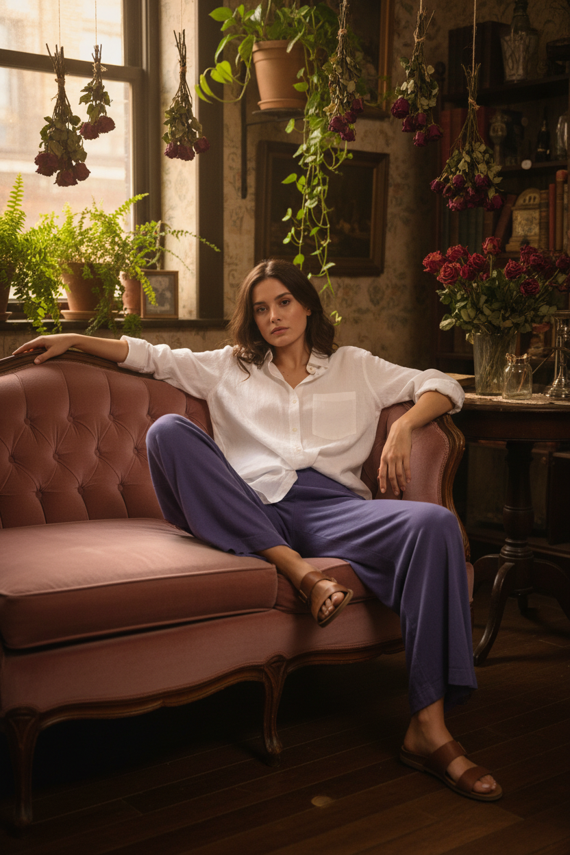 Purple Pants with White Linen Shirt