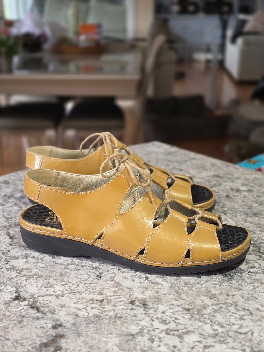The Sunkissed Strapper — Rieker Anti-Stress Mustard Patent Lace-Up Sandals