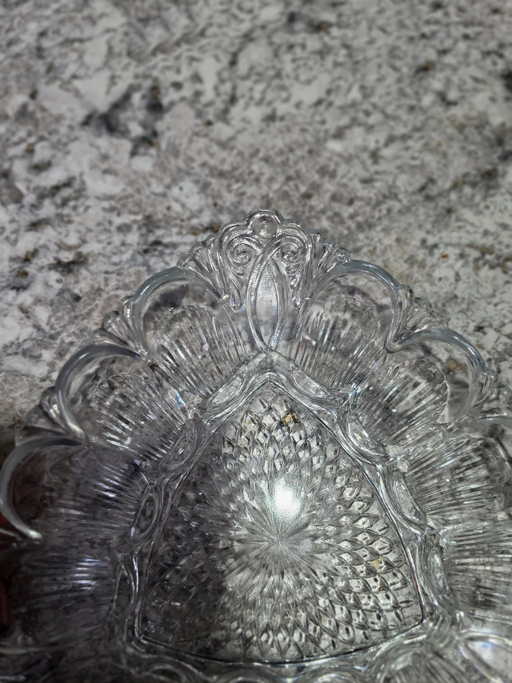 Crown & Crystal — Vintage Pressed Glass Baroque Divided Dish