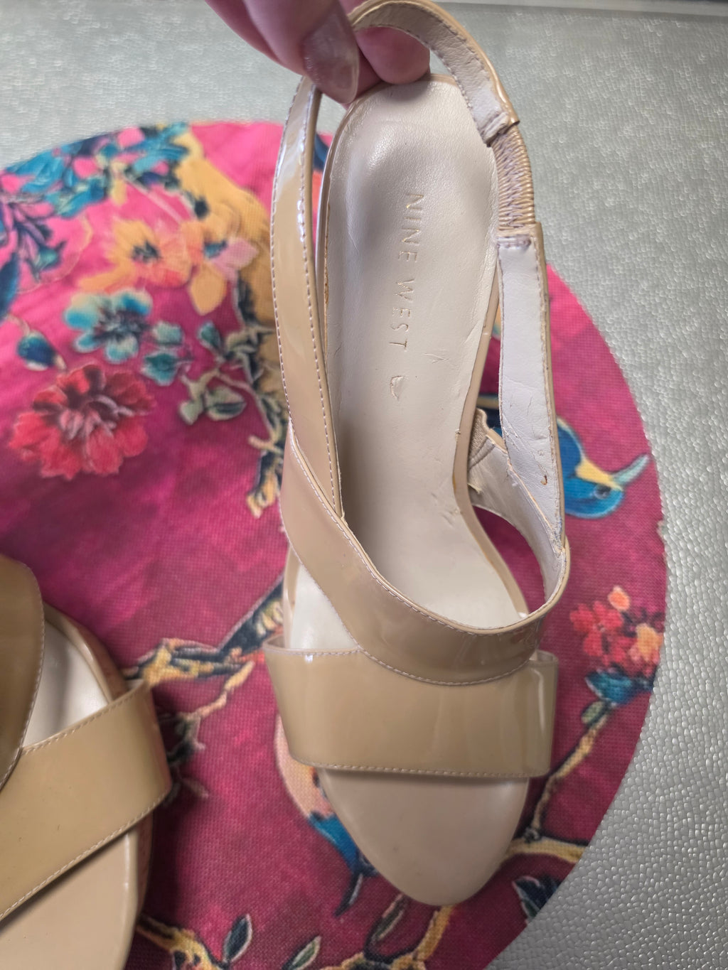 The Nude Awakening — Nine West Patent Cork Slingback Heel