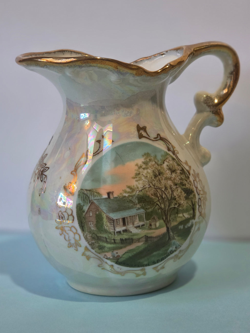 The Homestead Pitcher — Vintage Japanese Lusterware with Currier & Ives Spring Pastoral Scene