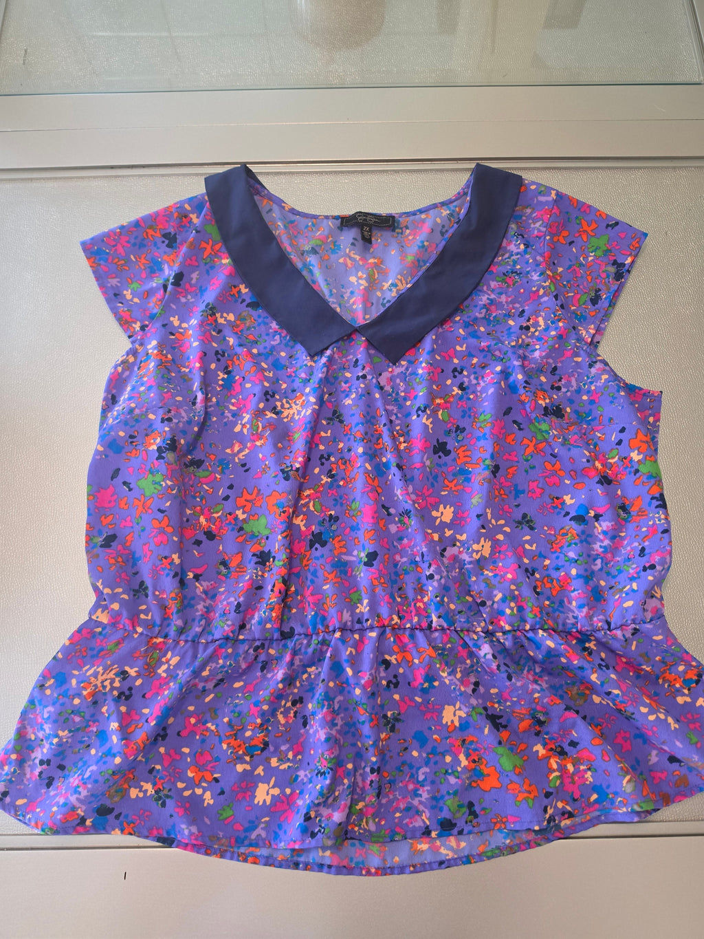 Jessica Simpson Peplum Blouse — Lavender Splatter Print | Junior Plus 2X