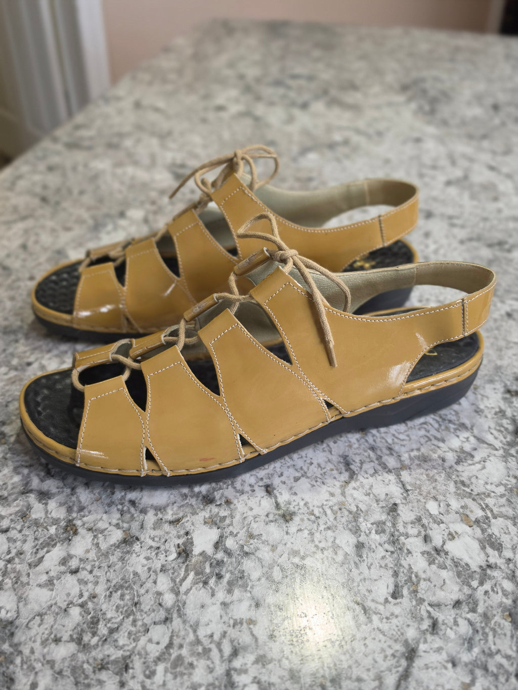 The Sunkissed Strapper — Rieker Anti-Stress Mustard Patent Lace-Up Sandals