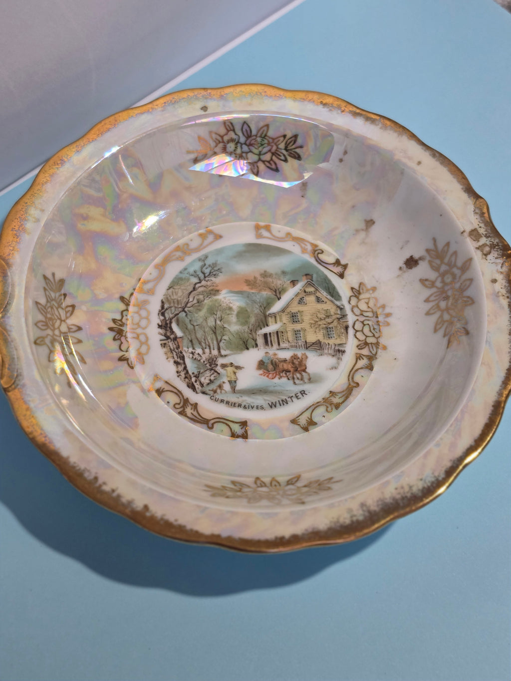The Homestead Basin — Vintage Japanese Lusterware with Currier & Ives Winter Pastoral Scene
