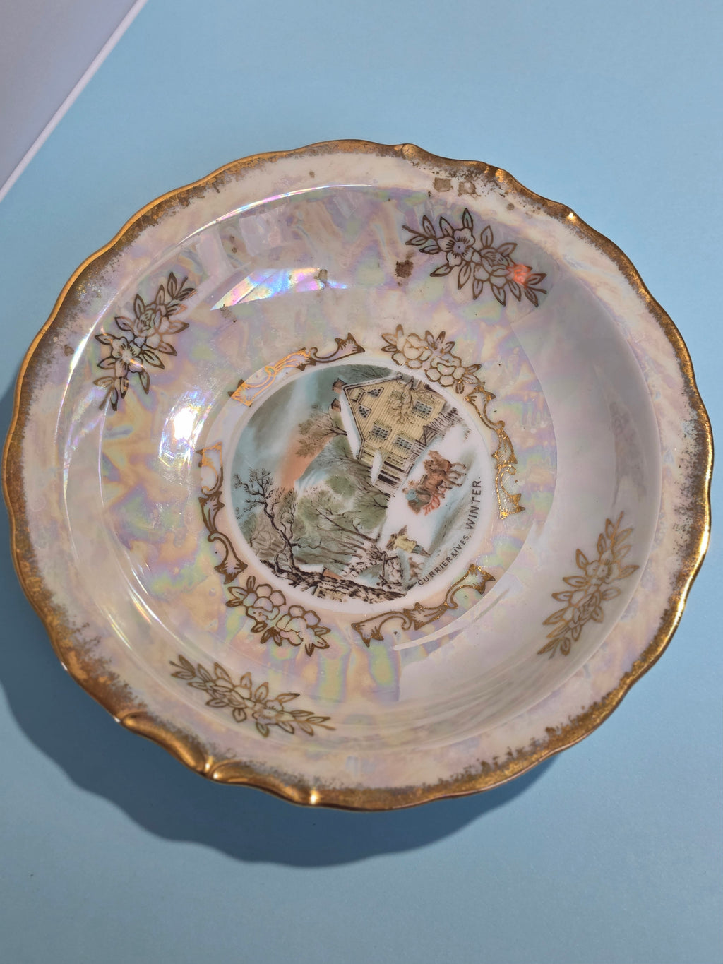 The Homestead Basin — Vintage Japanese Lusterware with Currier & Ives Winter Pastoral Scene