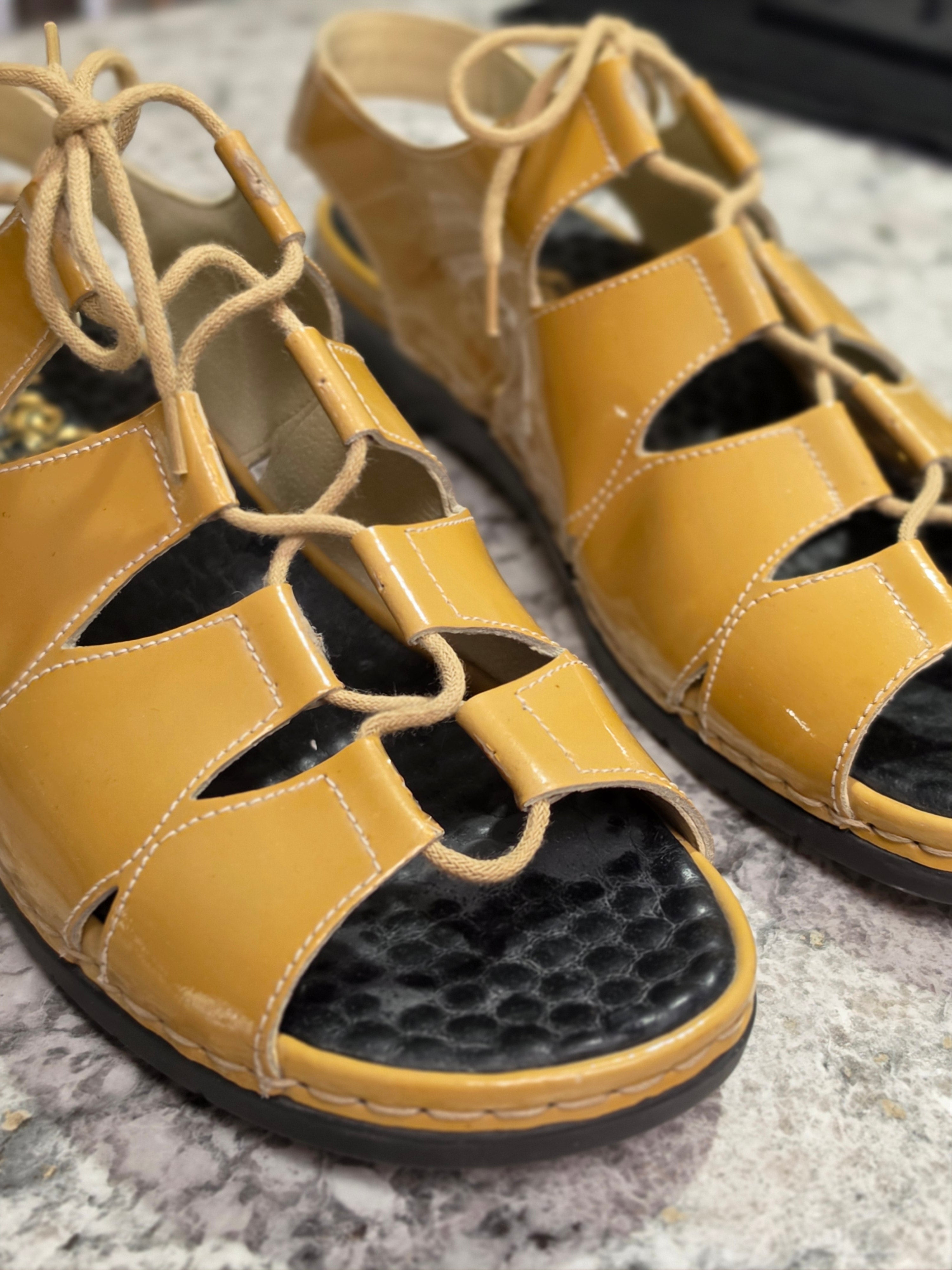 The Sunkissed Strapper — Rieker Anti-Stress Mustard Patent Lace-Up Sandals