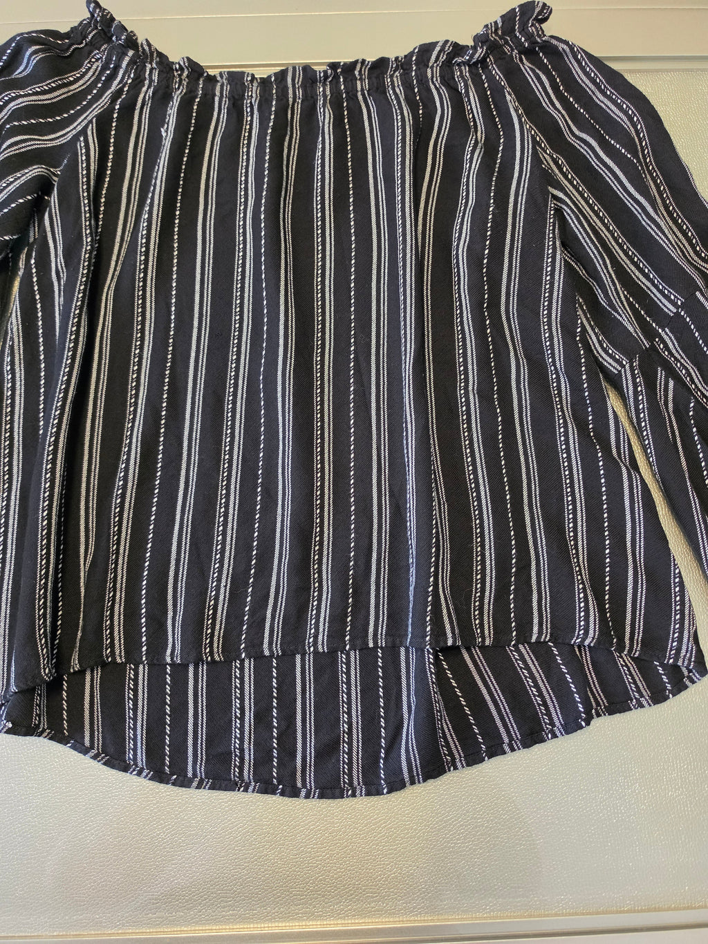 Stripe Tease — Panhandle Off-Shoulder Ruffle Blouse in B&W