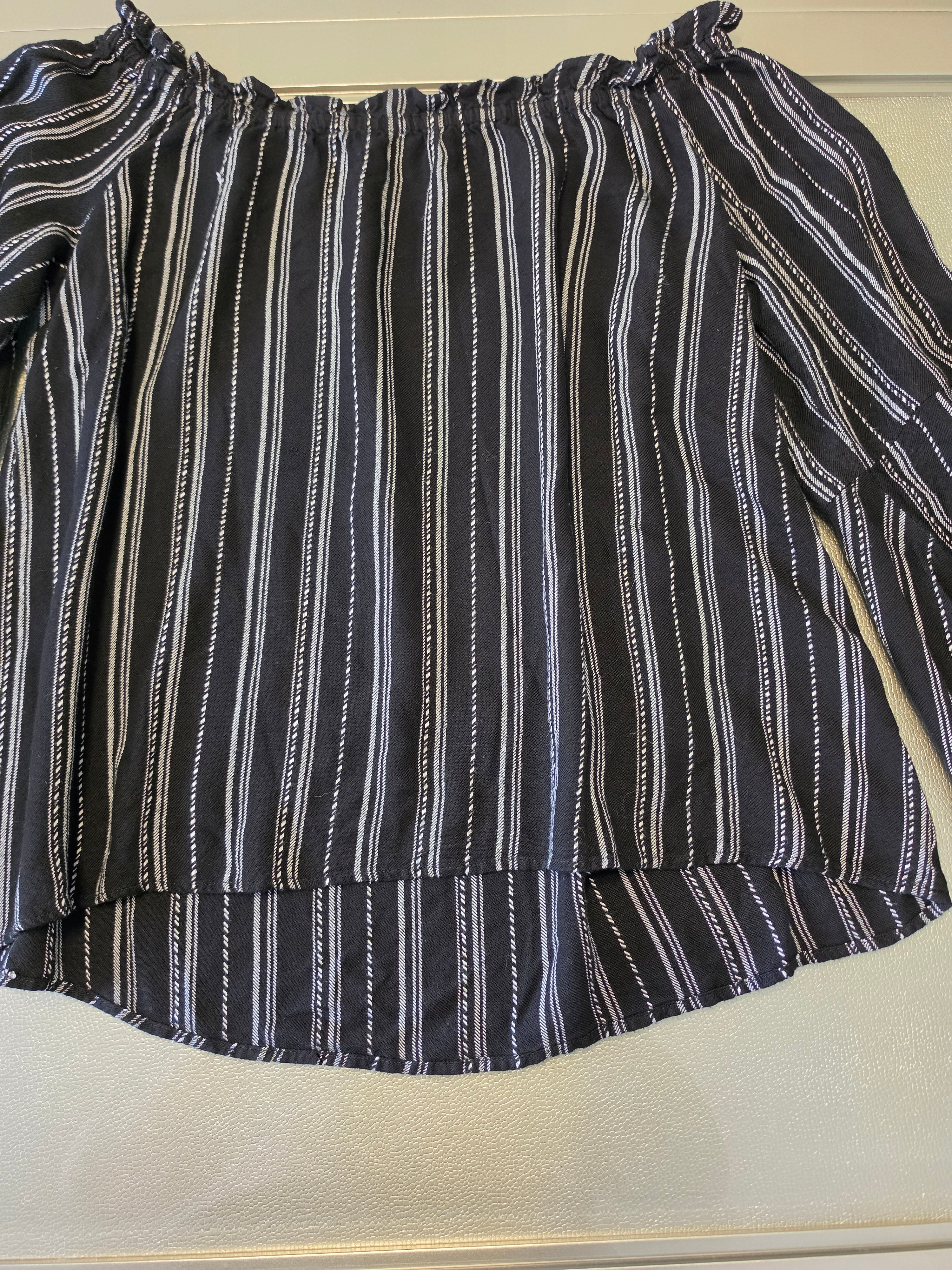 Stripe Tease — Panhandle Off-Shoulder Ruffle Blouse in B&W