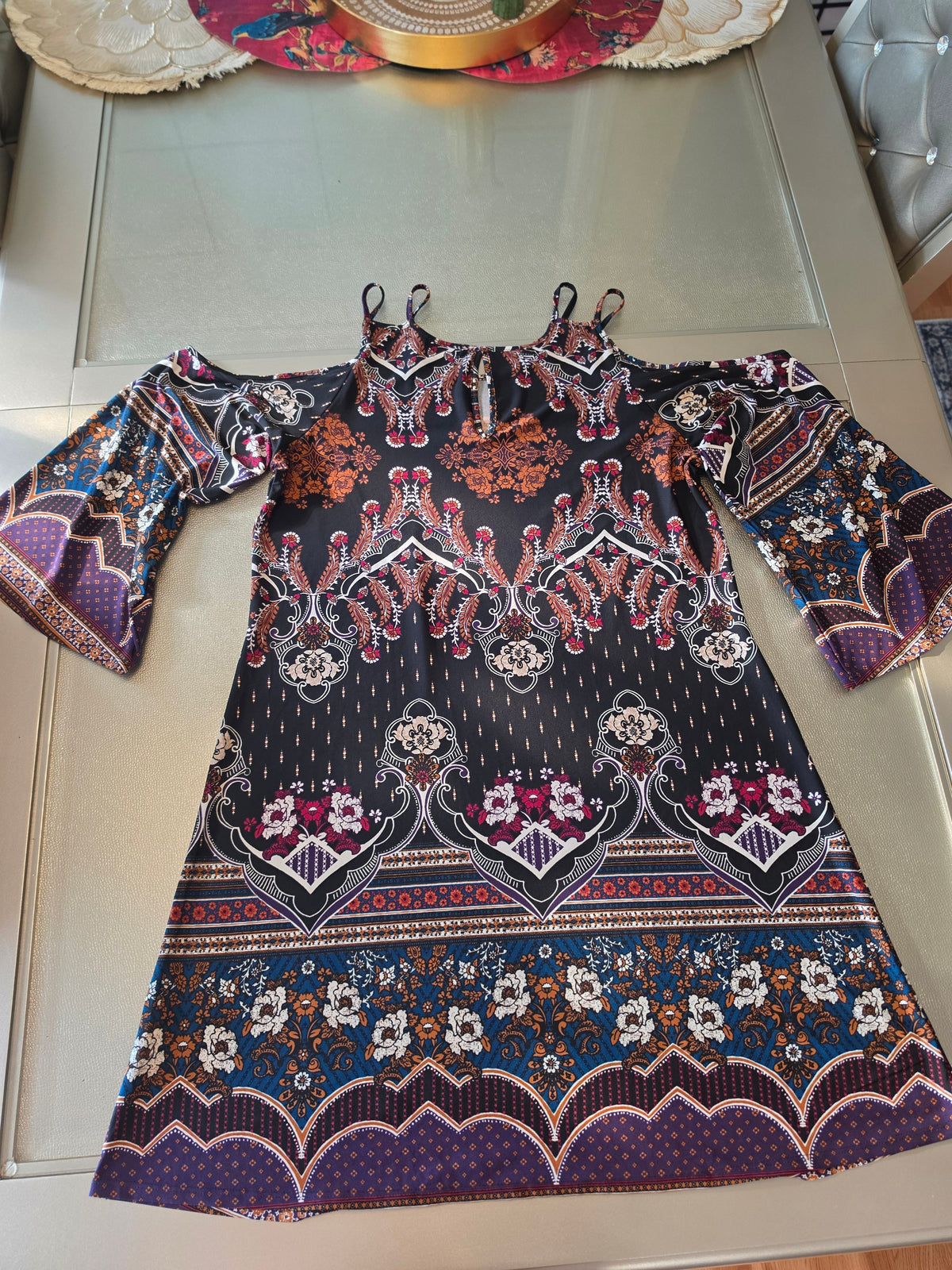 Venus Boho Medallion Cold-Shoulder Flutter Sleeve Mini Dress — Size L