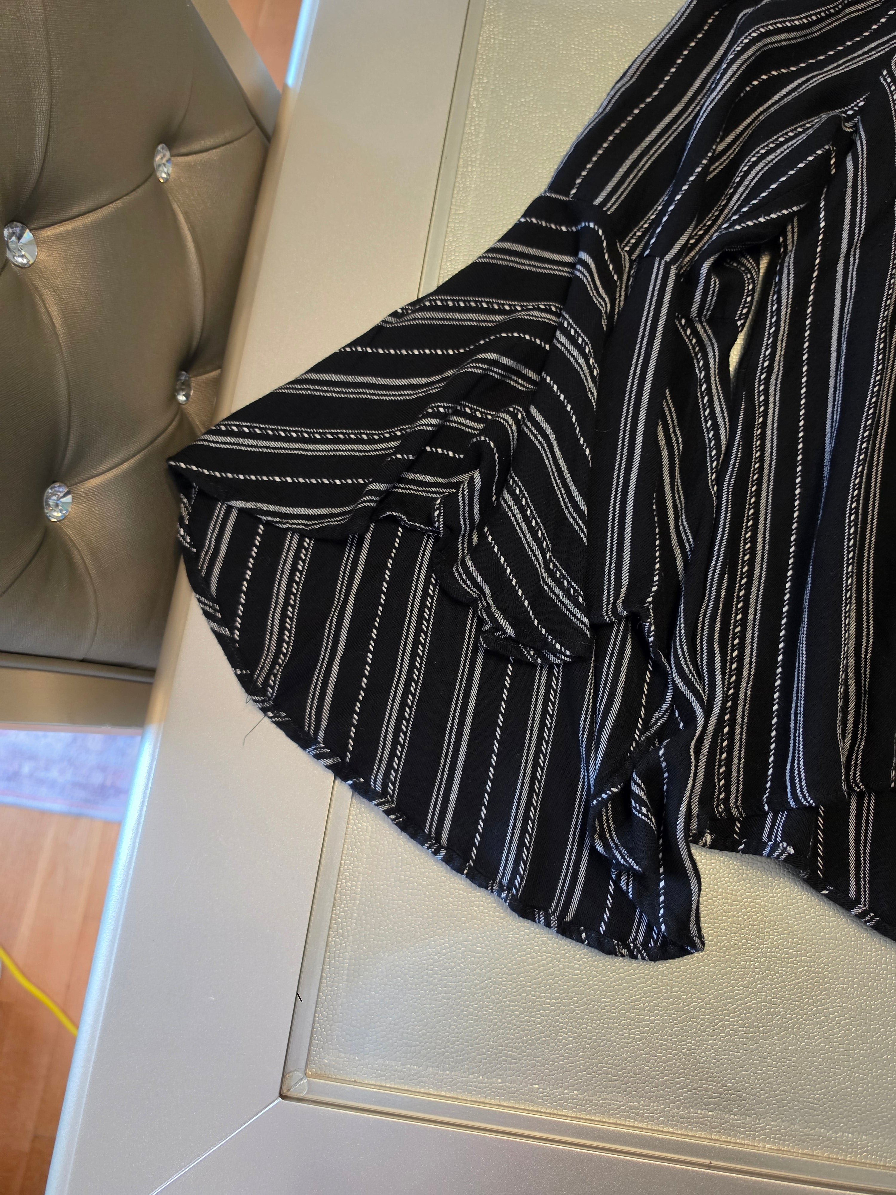 Stripe Tease — Panhandle Off-Shoulder Ruffle Blouse in B&W
