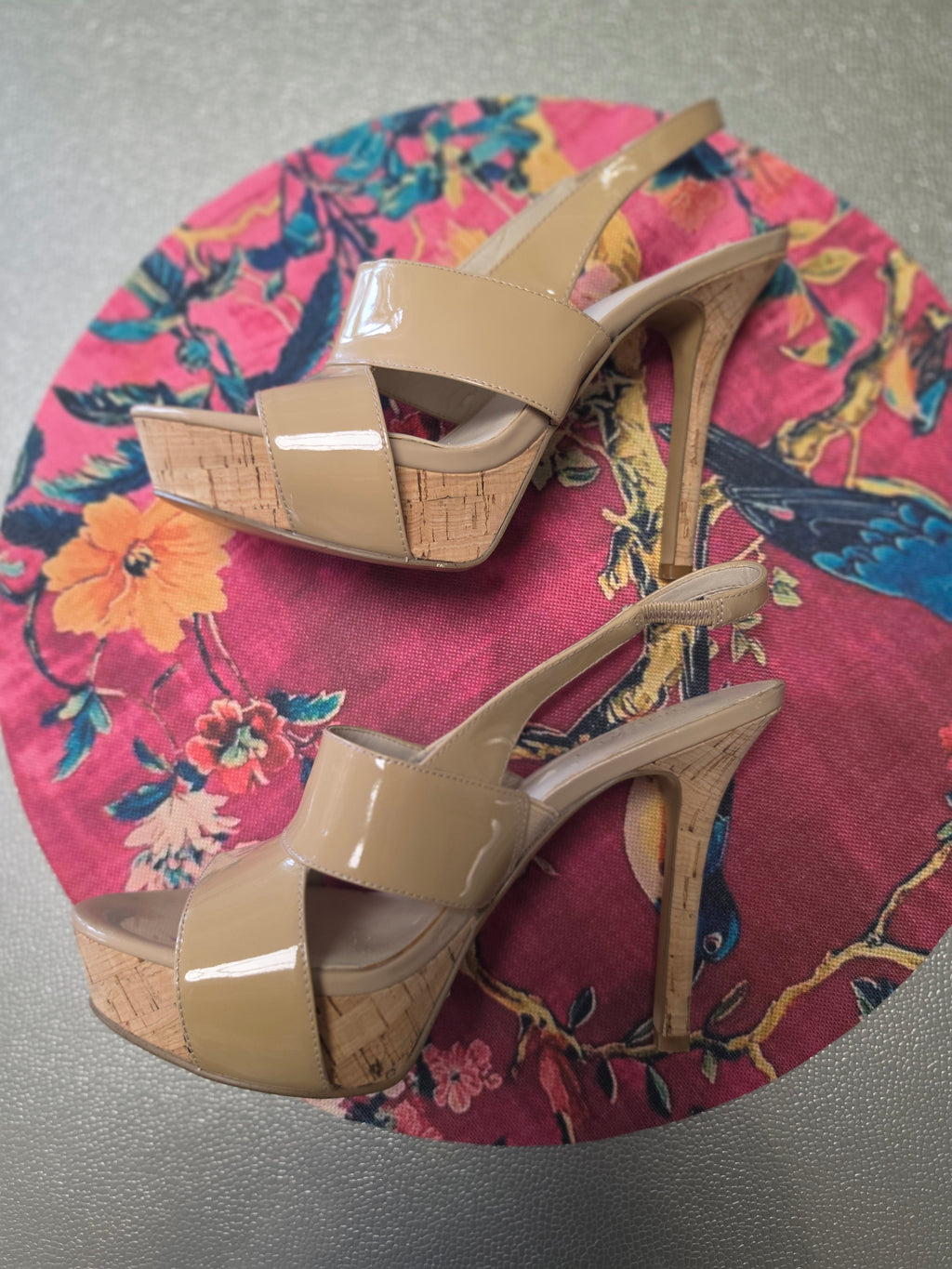 The Nude Awakening — Nine West Patent Cork Slingback Heel