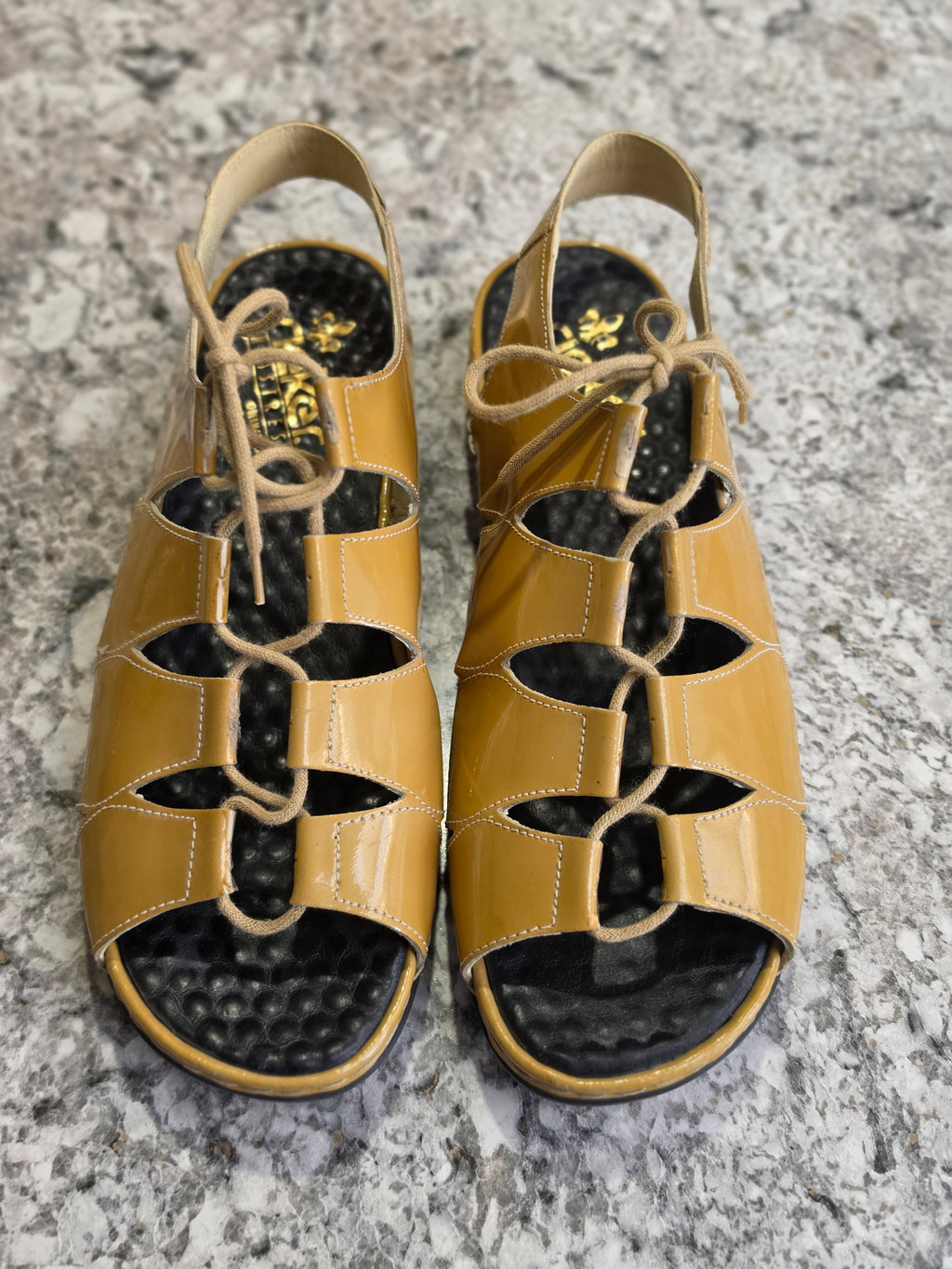 The Sunkissed Strapper — Rieker Anti-Stress Mustard Patent Lace-Up Sandals