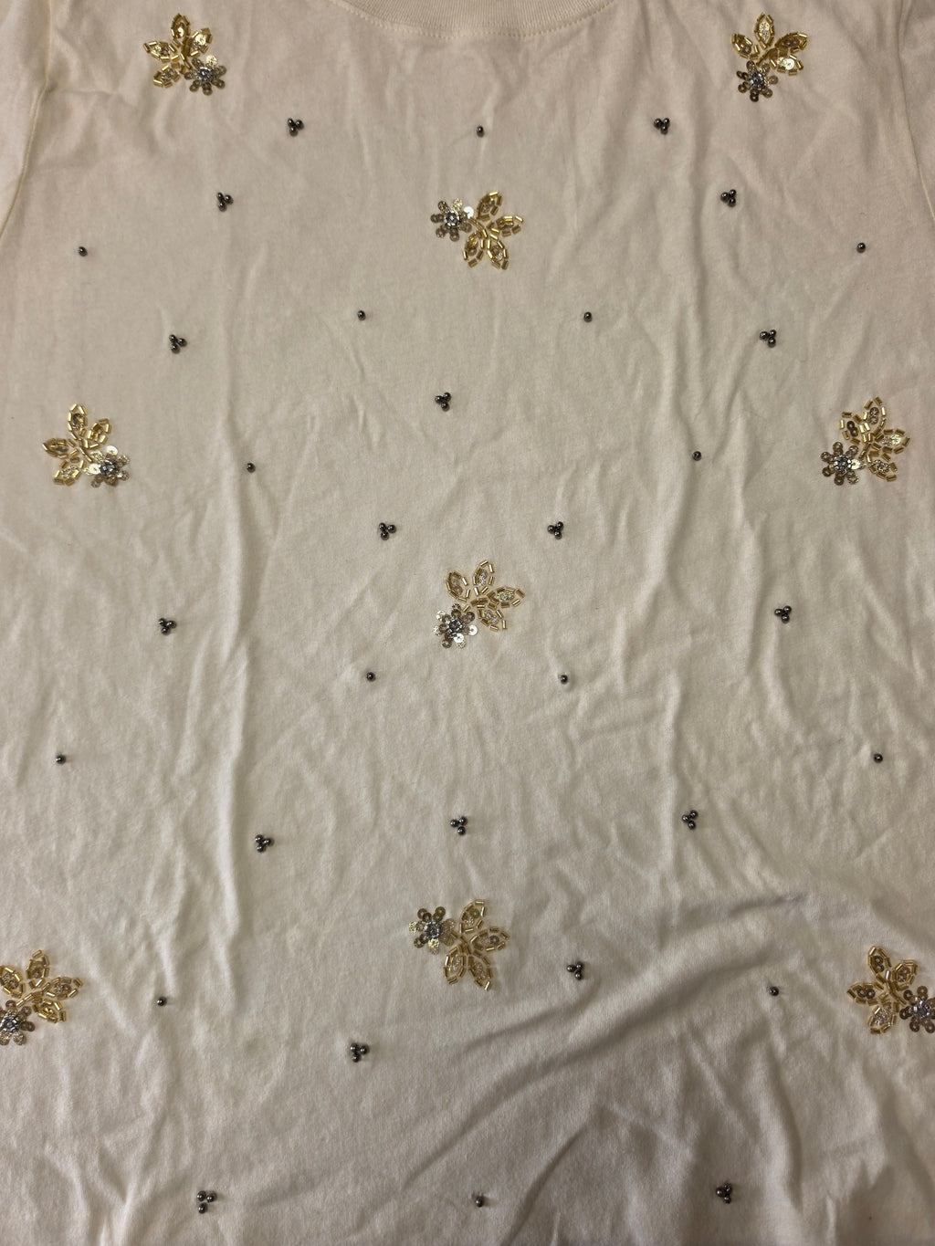 Whisper White Embellished Tee — Gold Floral Beaded
