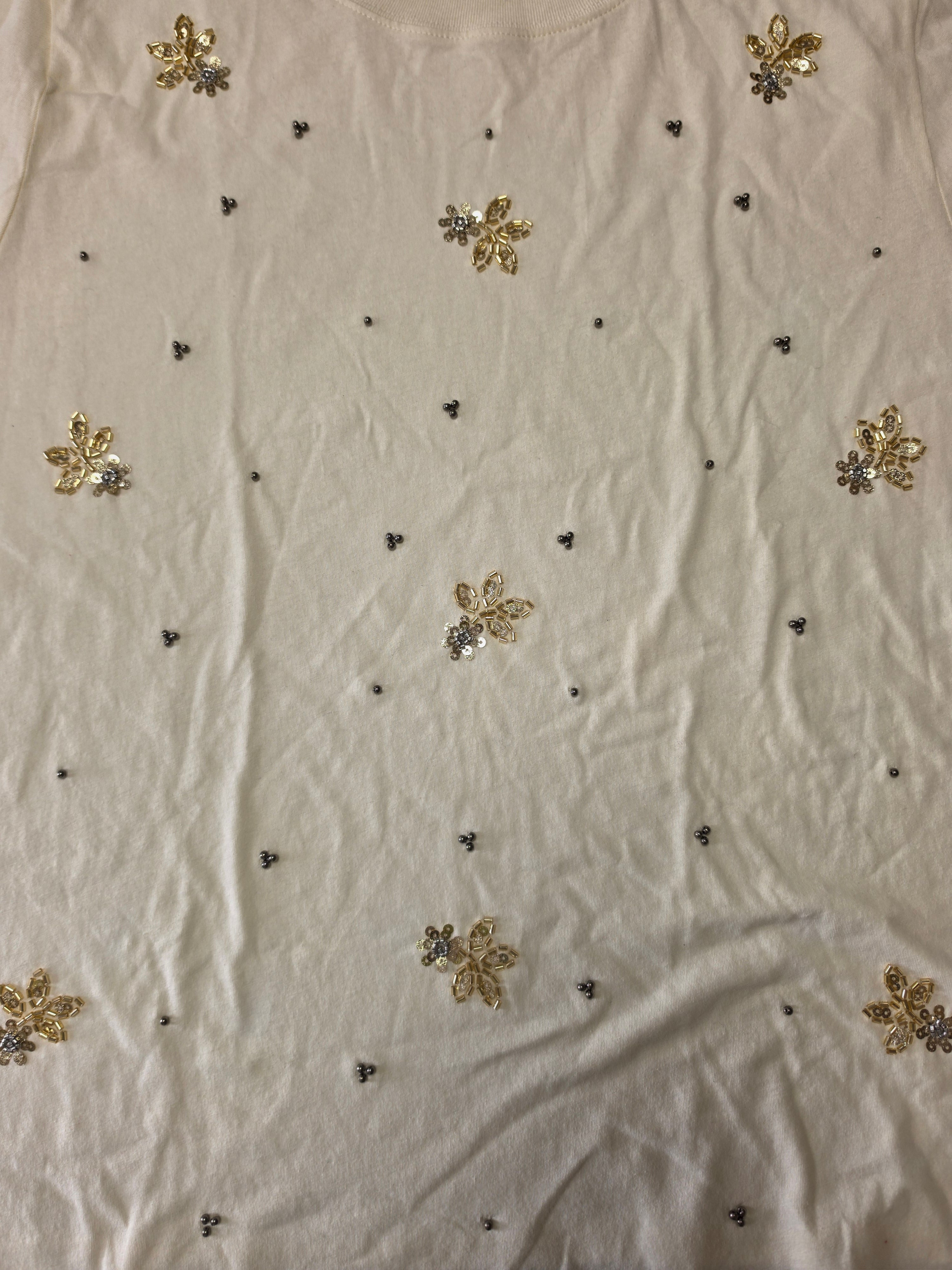 Whisper White Embellished Tee — Gold Floral Beaded