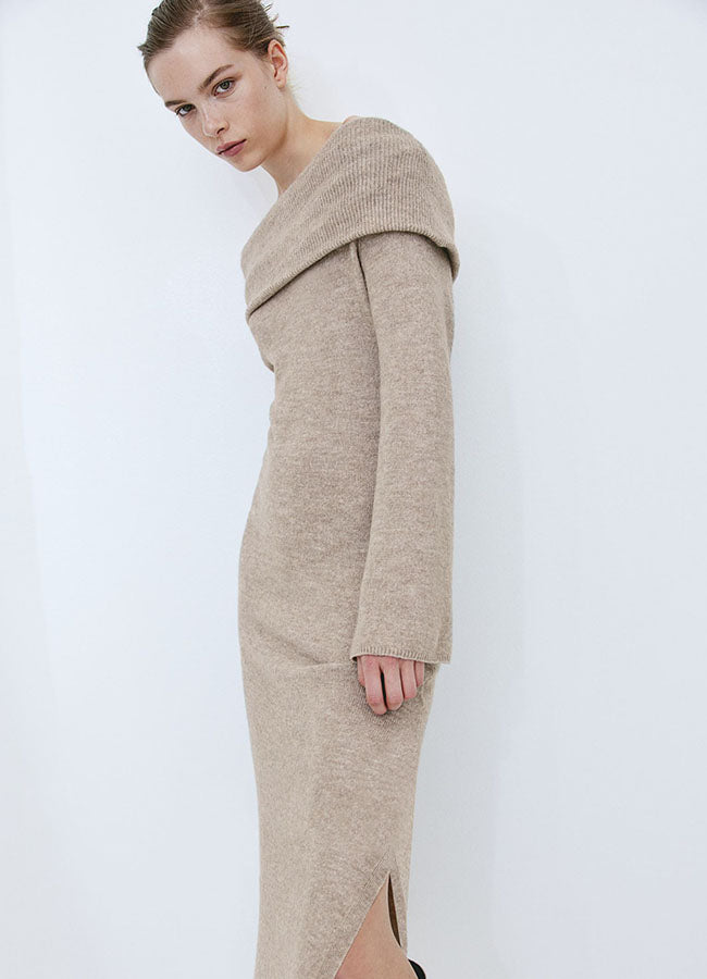 Ethereal Taupe Off-Shoulder Sweater Dress