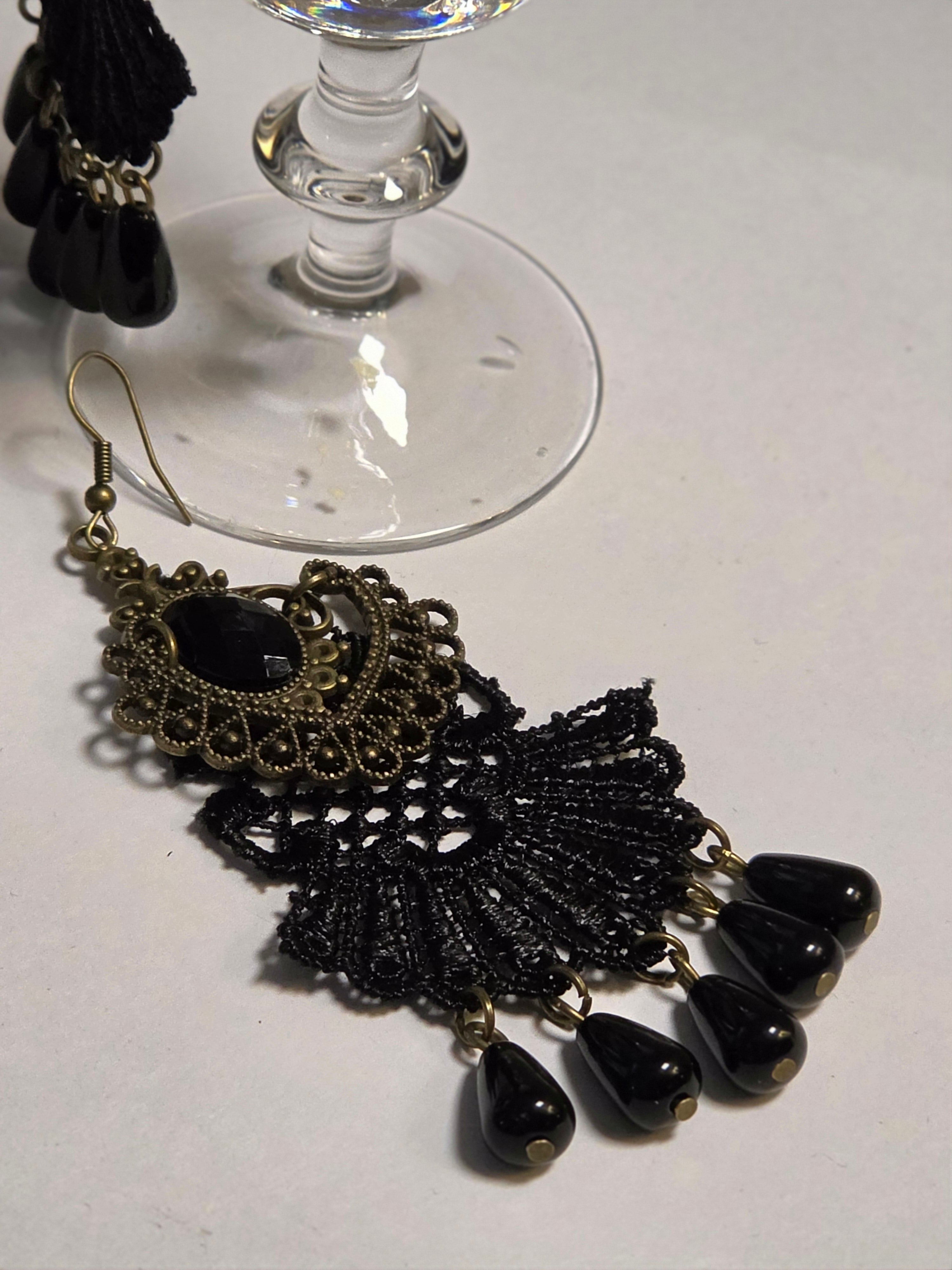 Midnight Lace — Antique Bronze & Black Lace Chandelier Earrings