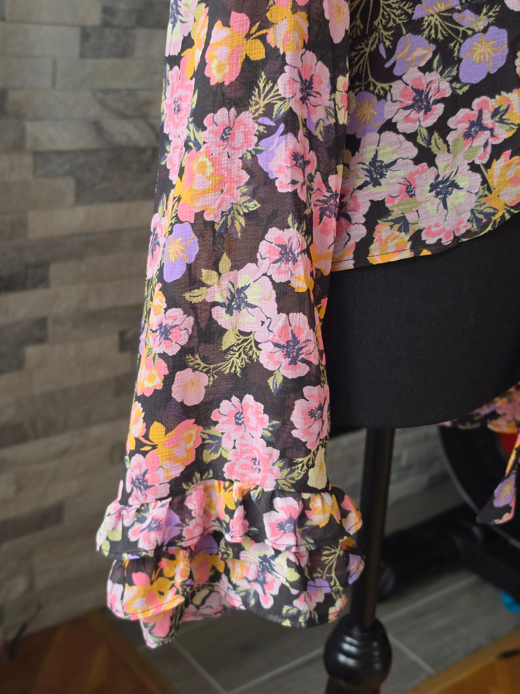 Fallen Petal Blouse – Floral Tie-Front, Bell Sleeve (Black Multi)