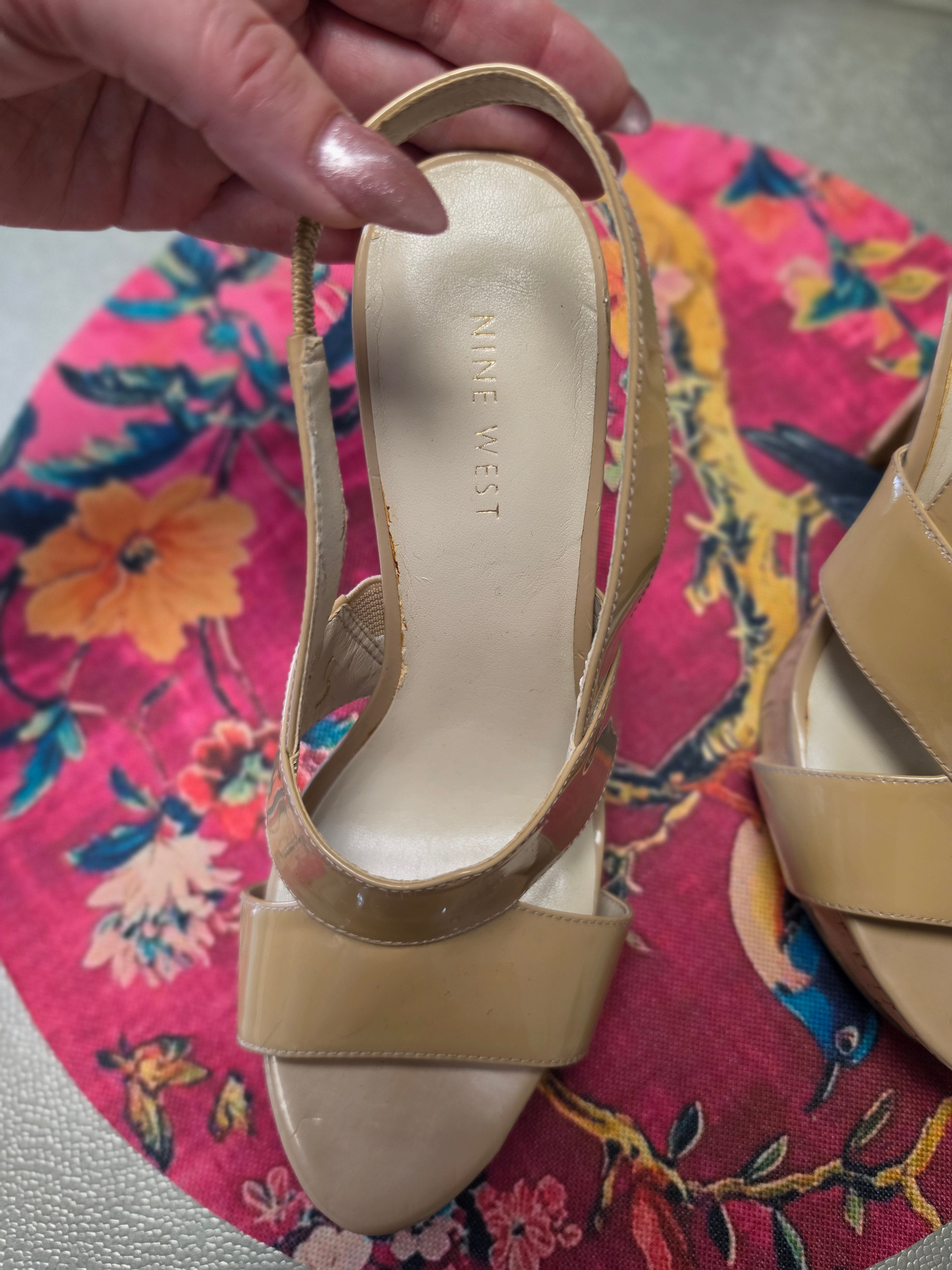 The Nude Awakening — Nine West Patent Cork Slingback Heel