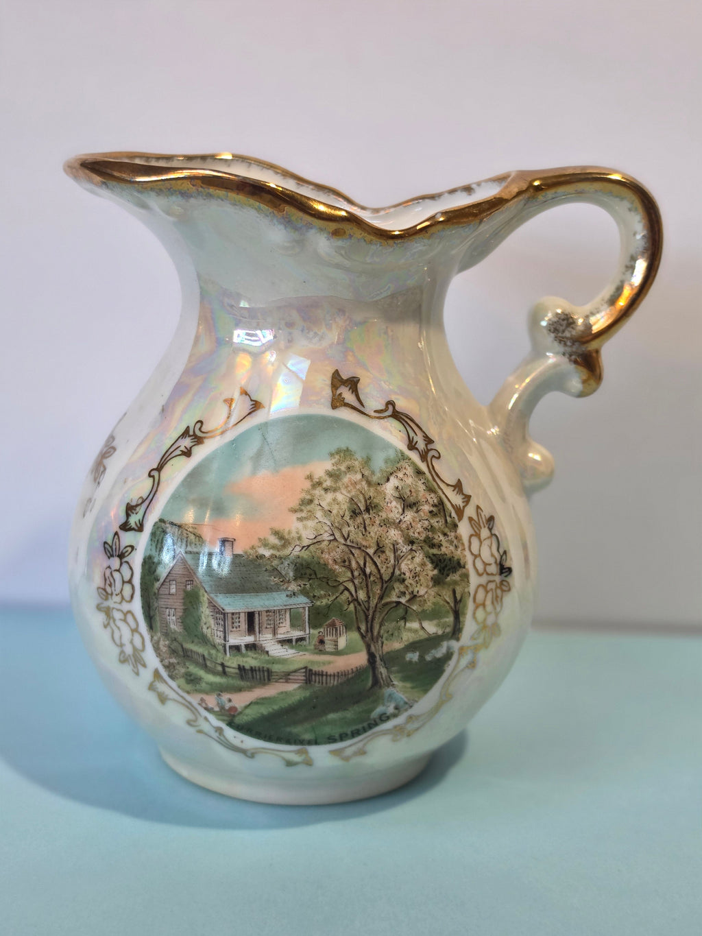 The Homestead Pitcher — Vintage Japanese Lusterware with Currier & Ives Spring Pastoral Scene