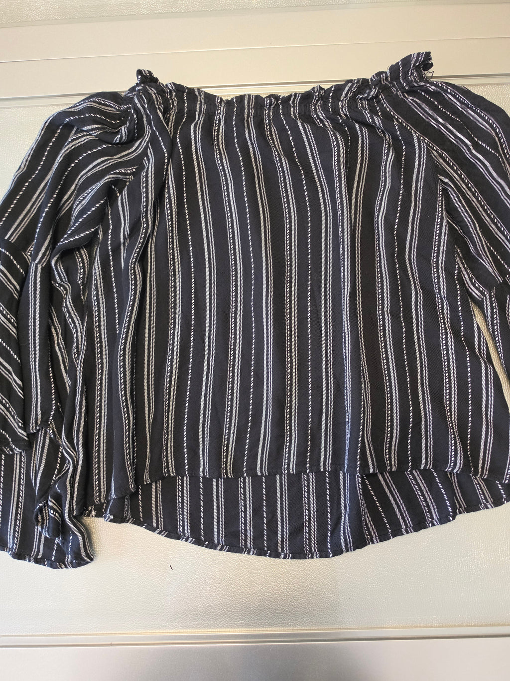 Stripe Tease — Panhandle Off-Shoulder Ruffle Blouse in B&W