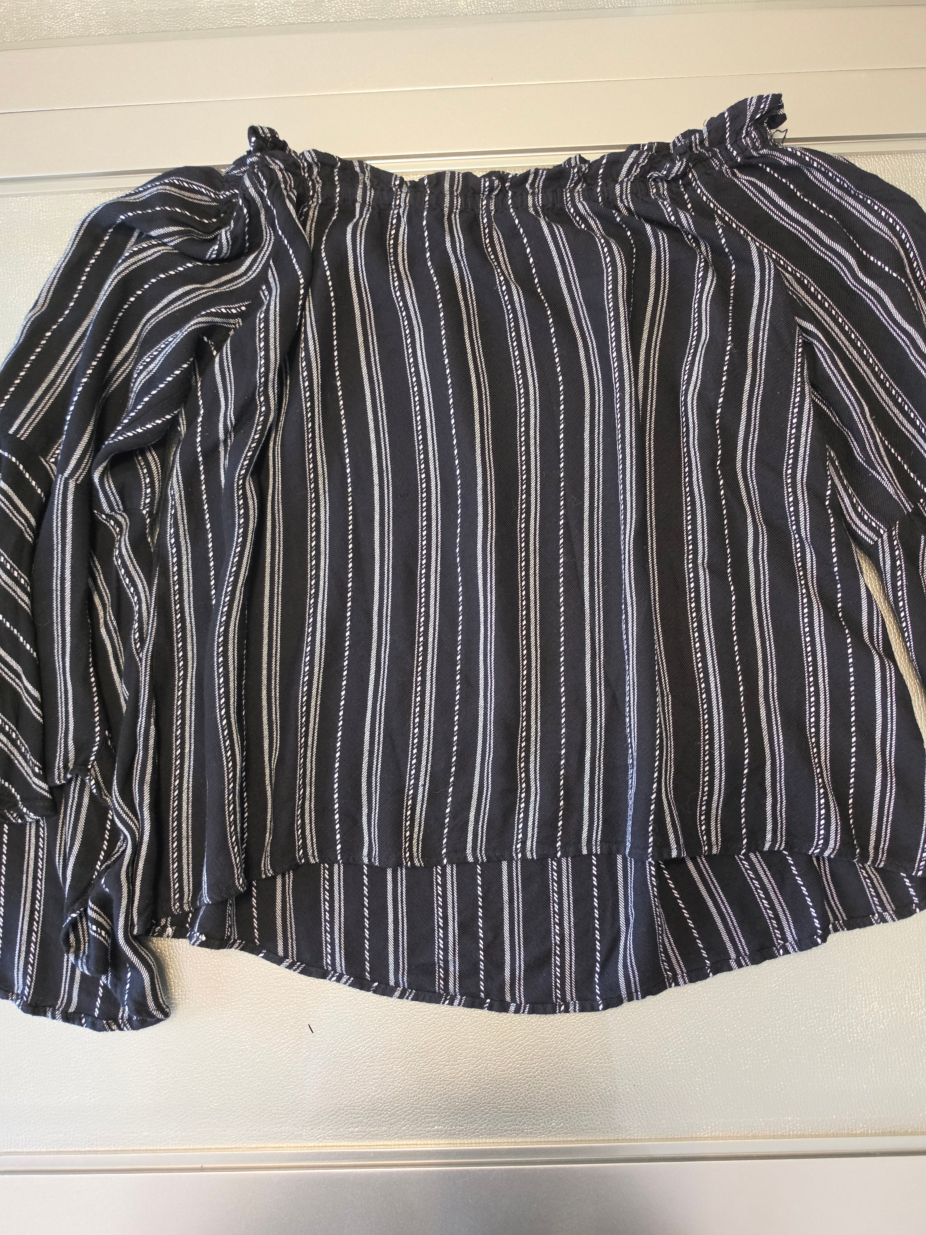 Stripe Tease — Panhandle Off-Shoulder Ruffle Blouse in B&W
