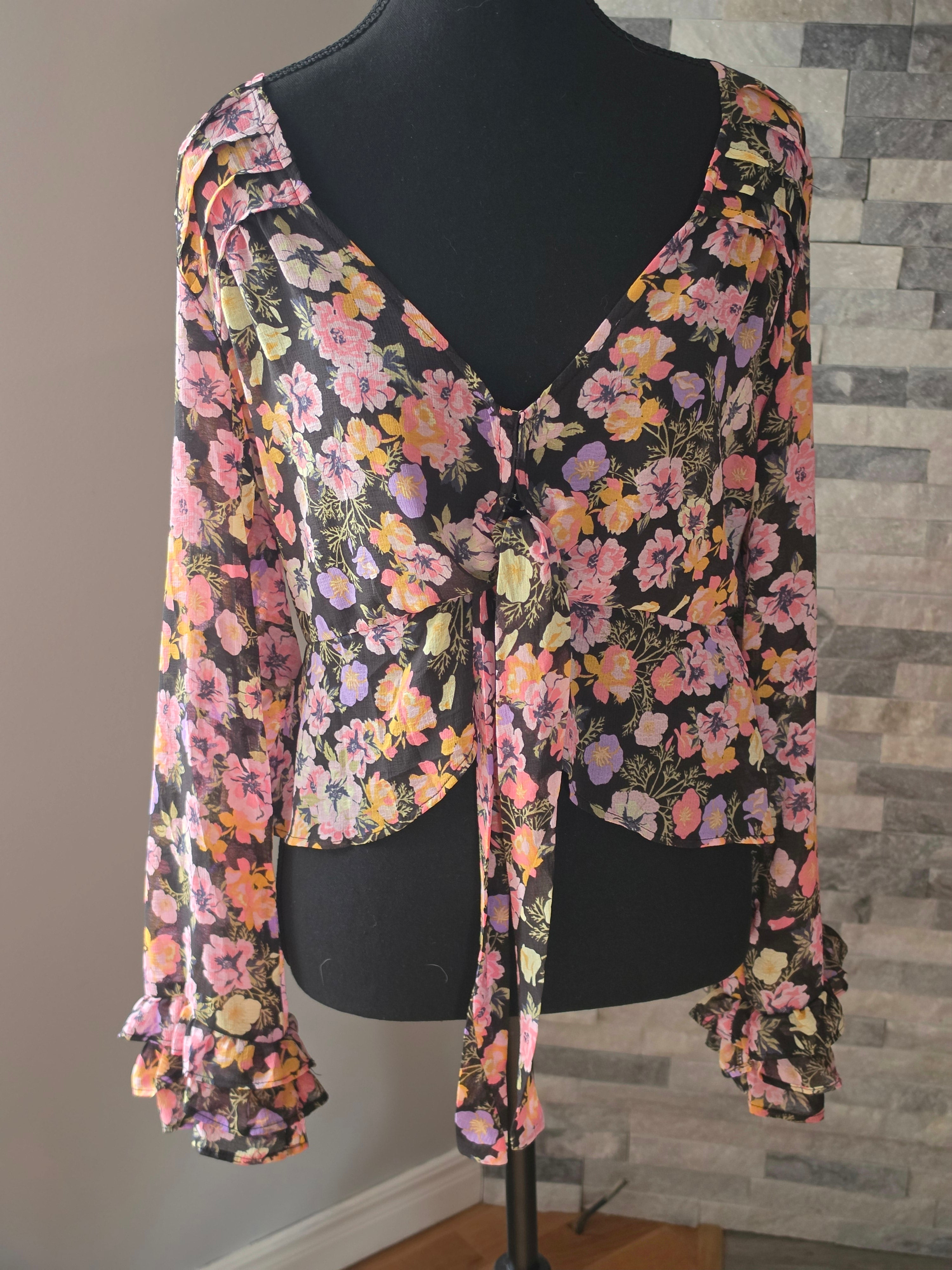 Fallen Petal Blouse – Floral Tie-Front, Bell Sleeve (Black Multi)