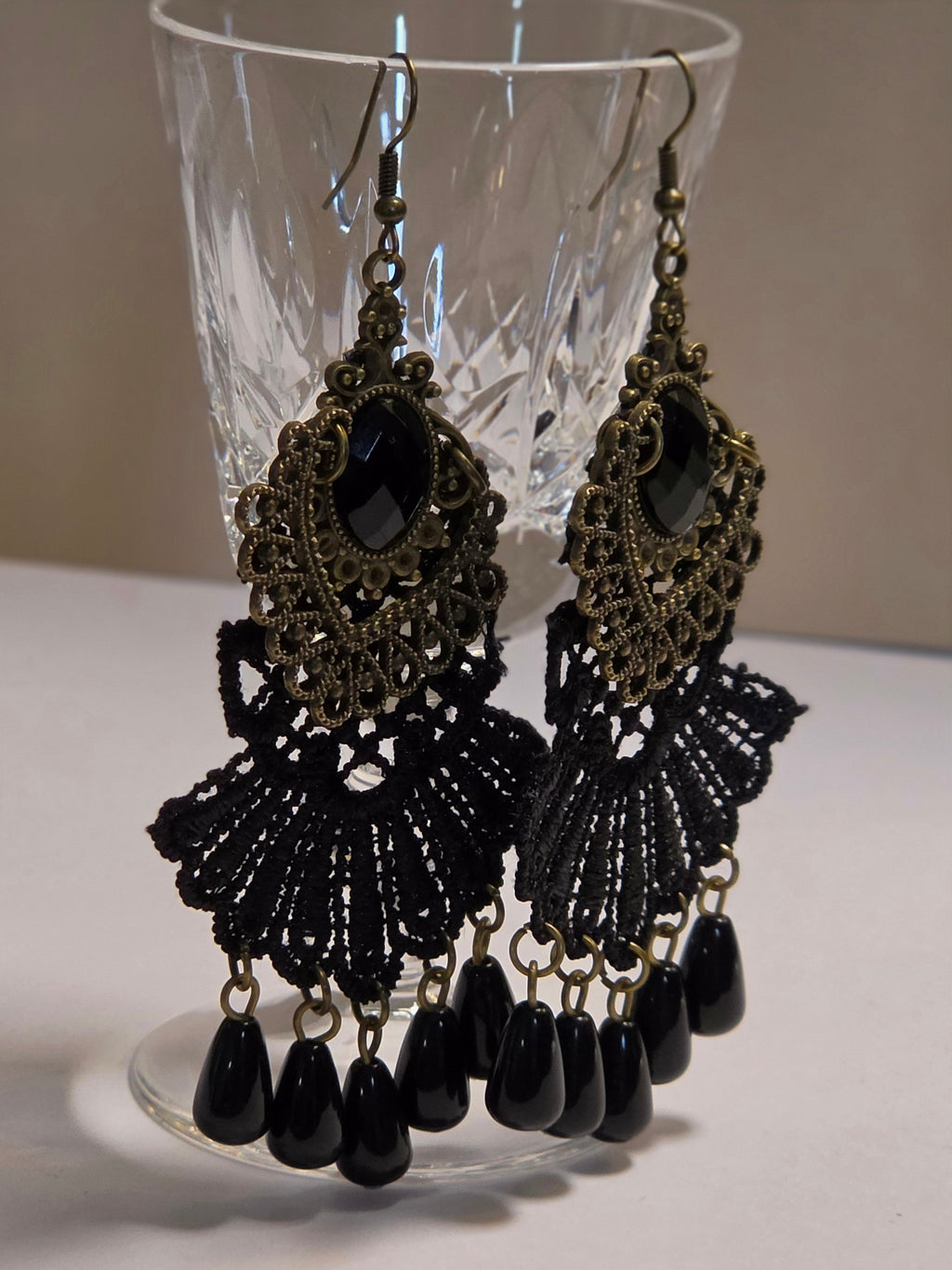 Midnight Lace — Antique Bronze & Black Lace Chandelier Earrings