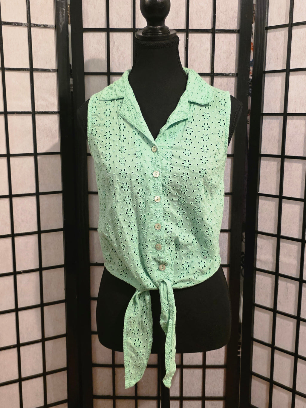 Gently Drifting Mint Eyelet Tie-Front Blouse