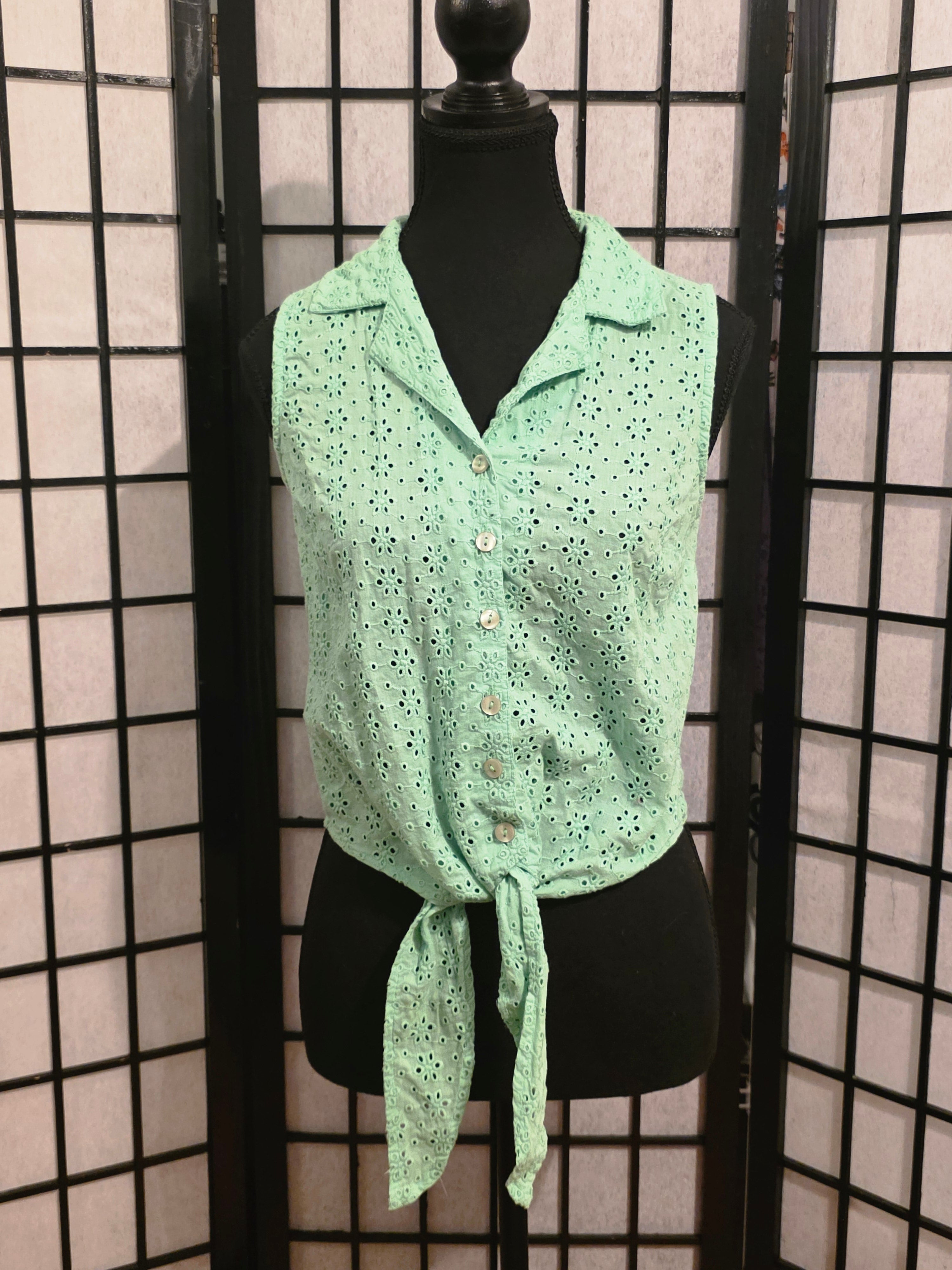 Gently Drifting Mint Eyelet Tie-Front Blouse