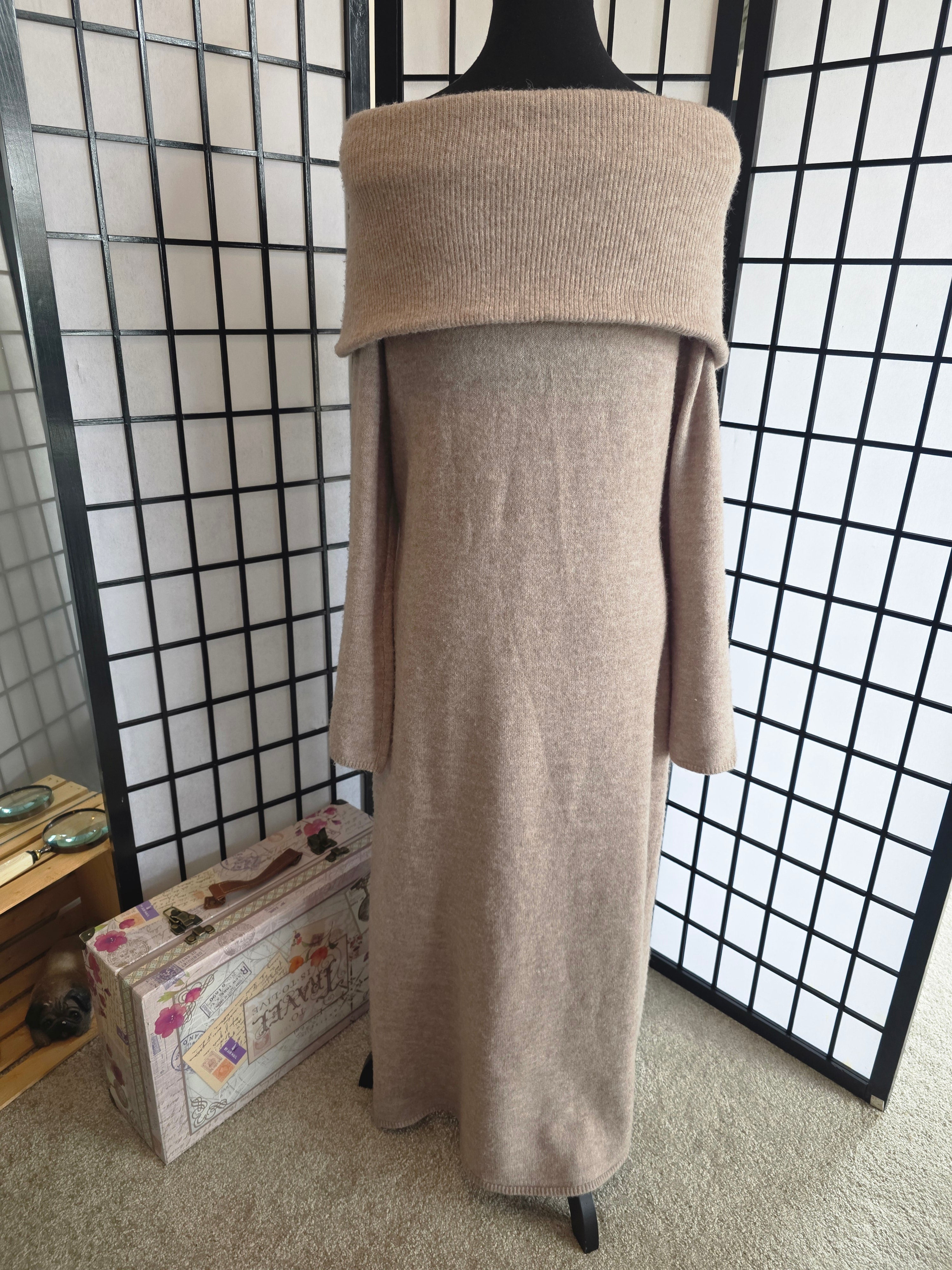 Ethereal Taupe Off-Shoulder Sweater Dress