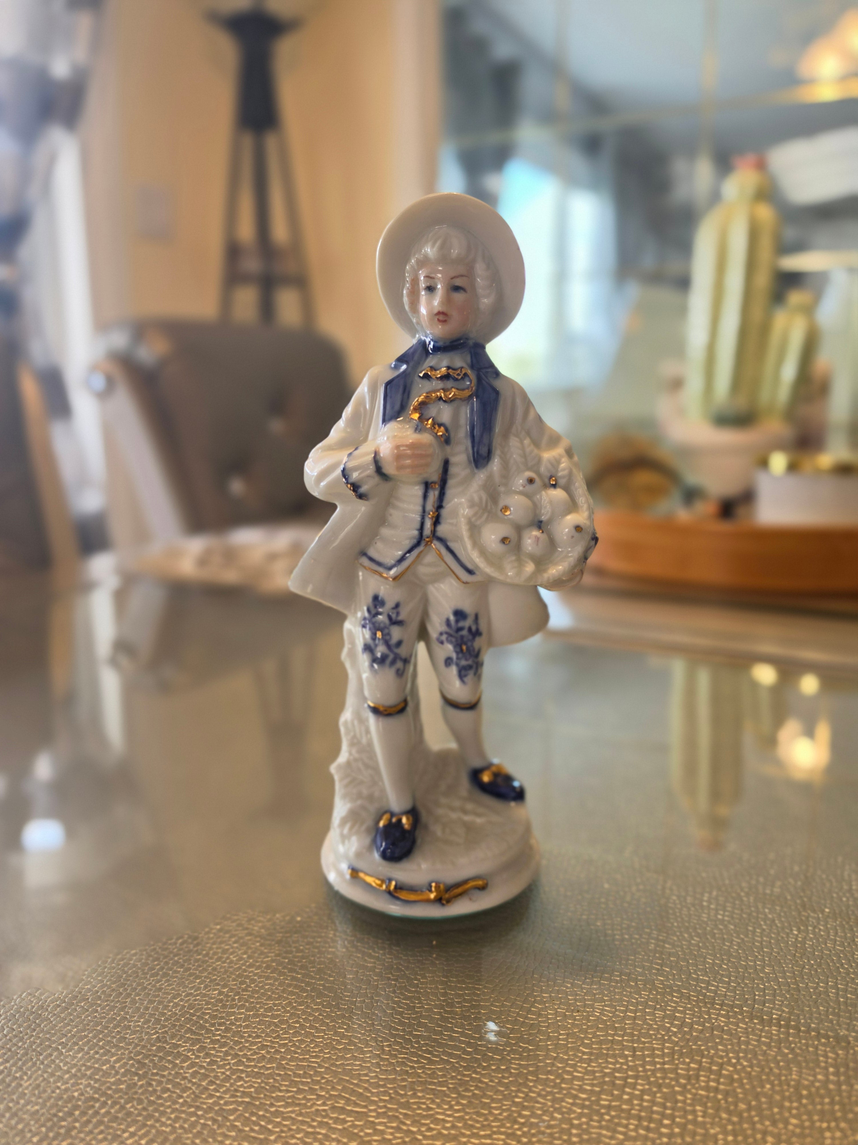 The Gentleman Caller — Vintage Porcelain Figurine, Cobalt Blue & Gold