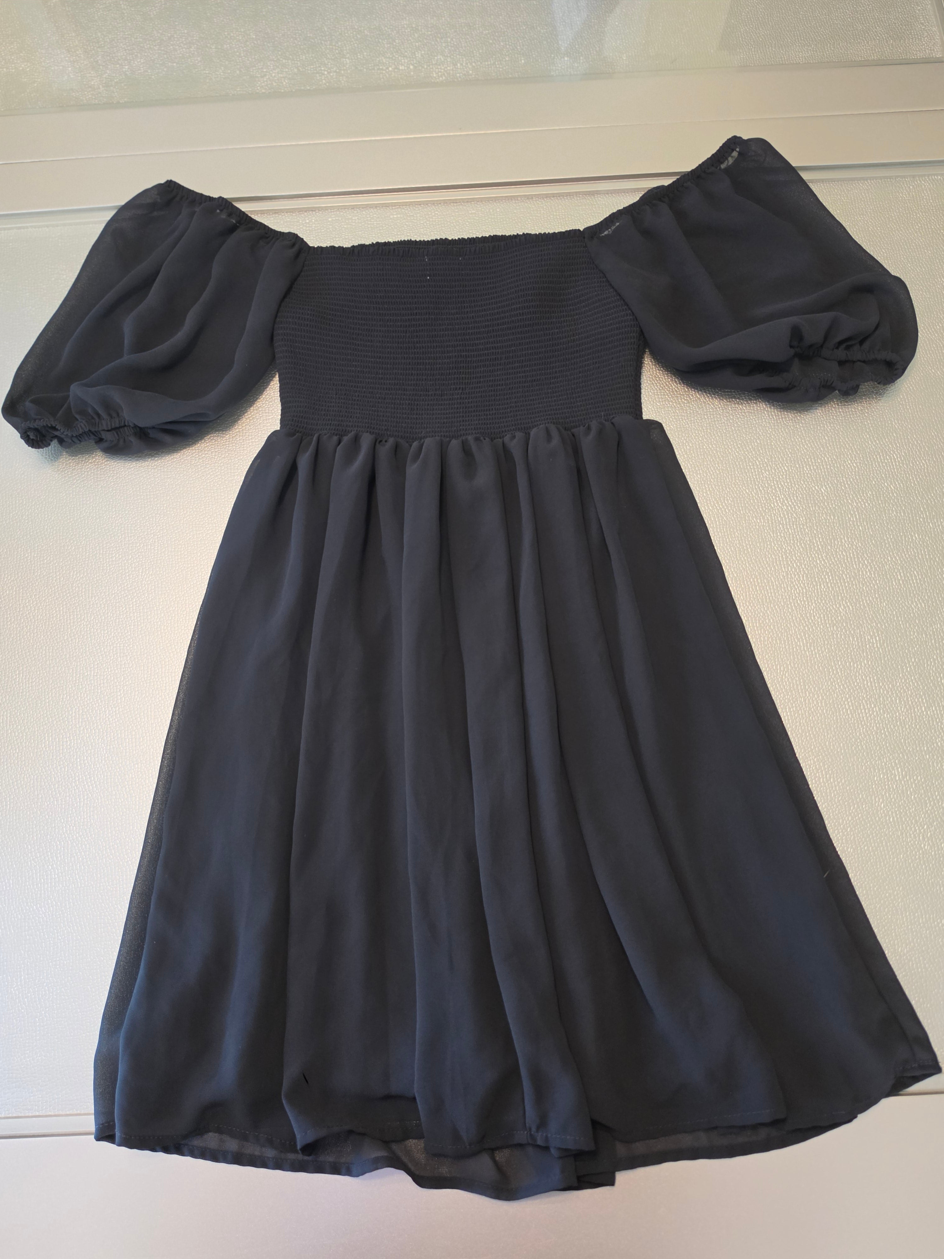 Dusk Spell Off-Shoulder Smocked Puff Sleeve Mini Dress — Black