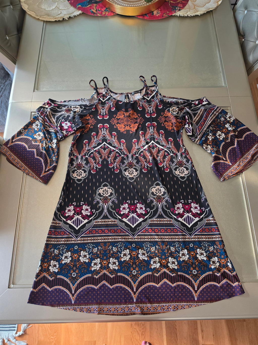 Venus Boho Medallion Cold-Shoulder Flutter Sleeve Mini Dress — Size L