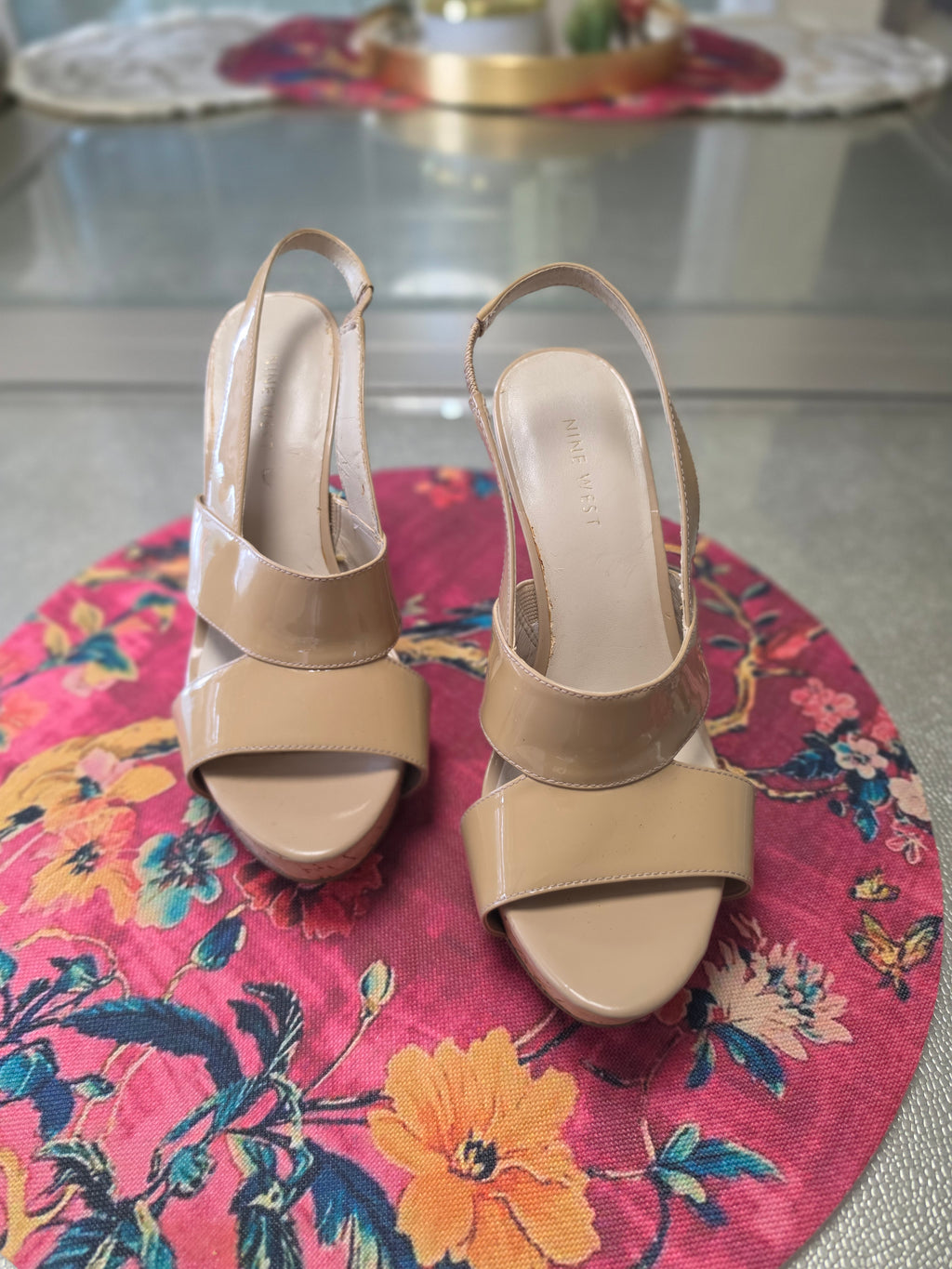 The Nude Awakening — Nine West Patent Cork Slingback Heel