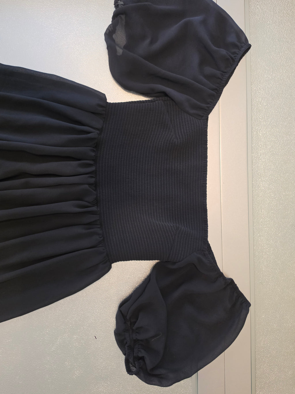 Dusk Spell Off-Shoulder Smocked Puff Sleeve Mini Dress — Black