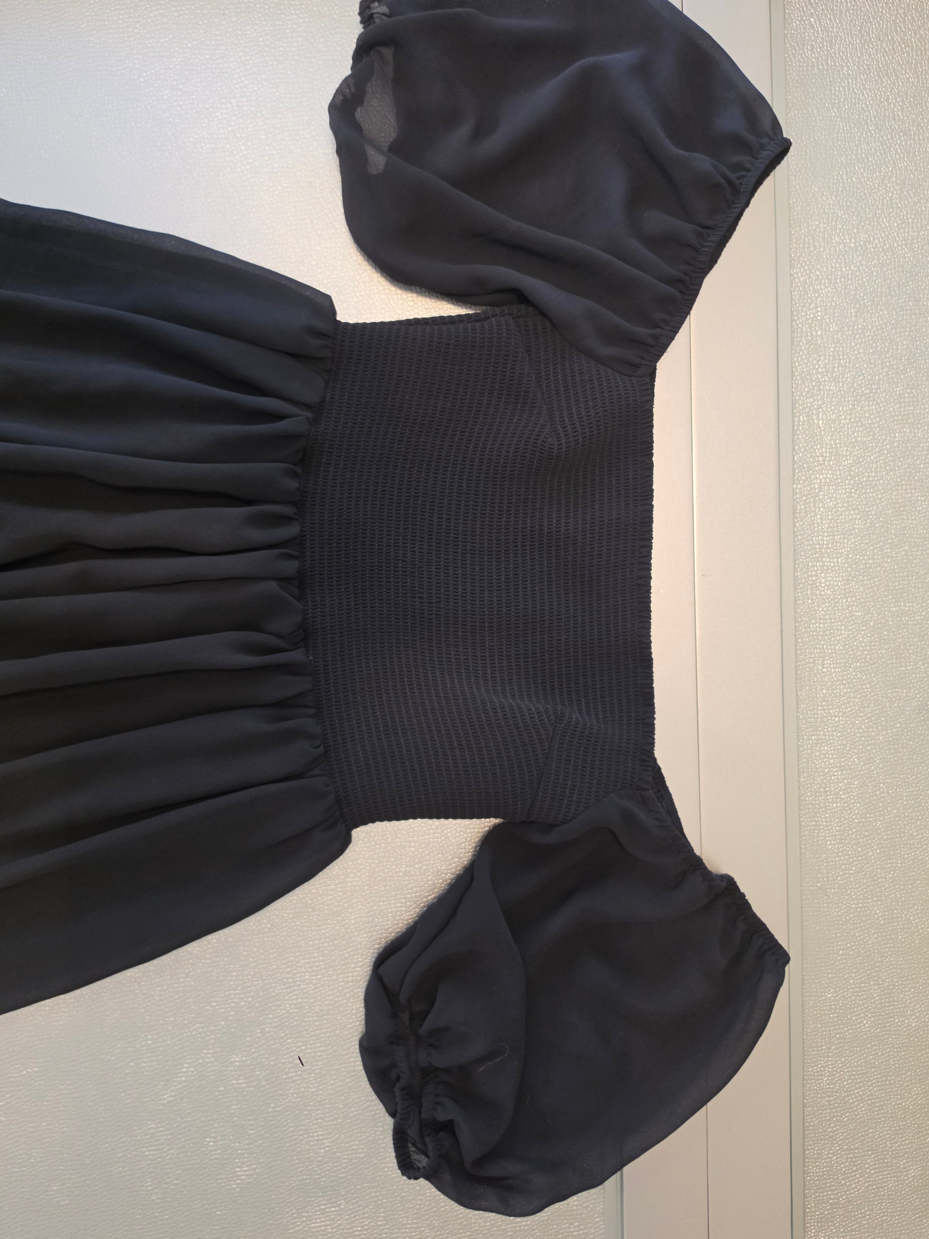 Dusk Spell Off-Shoulder Smocked Puff Sleeve Mini Dress — Black