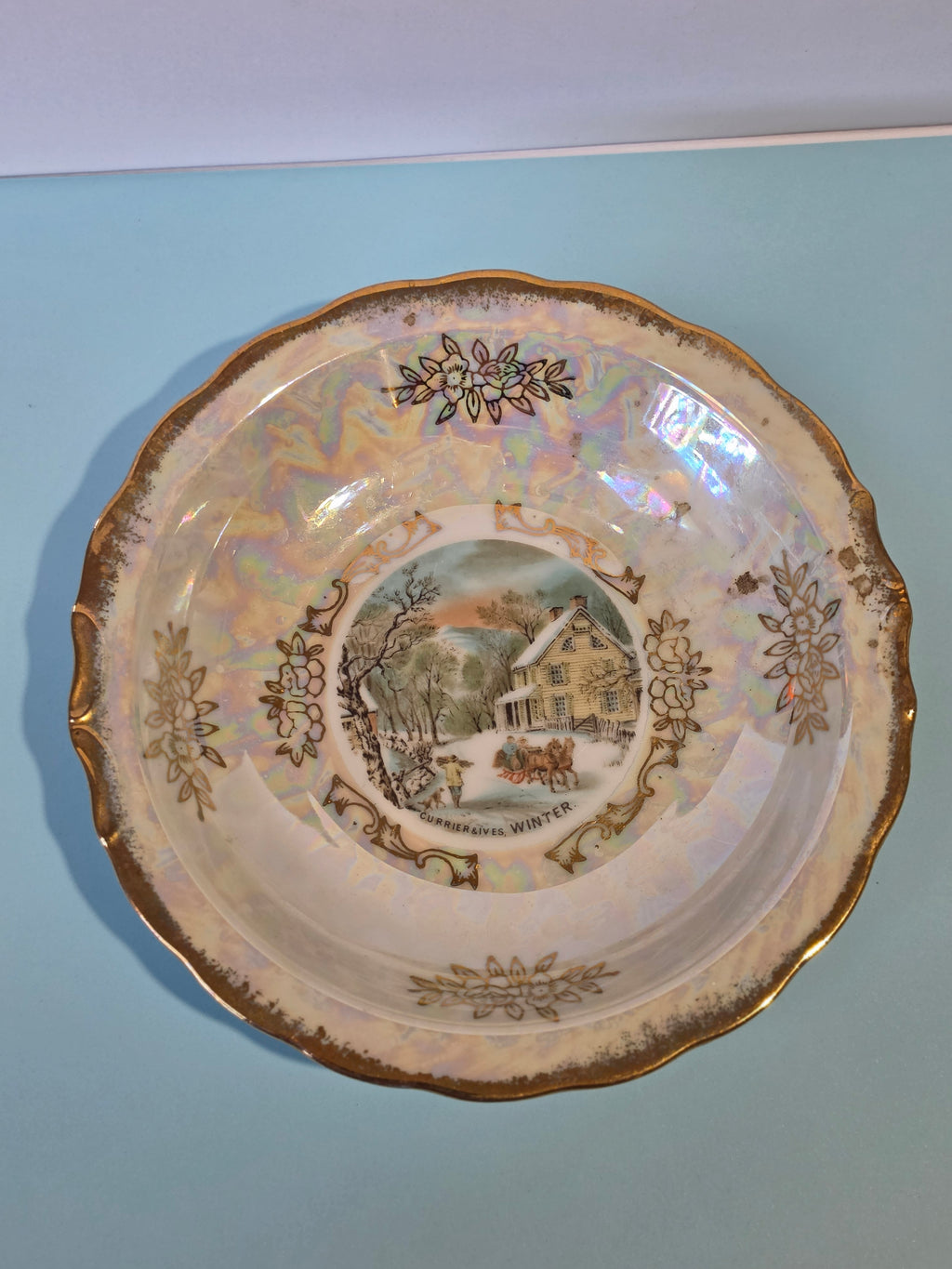 The Homestead Basin — Vintage Japanese Lusterware with Currier & Ives Winter Pastoral Scene
