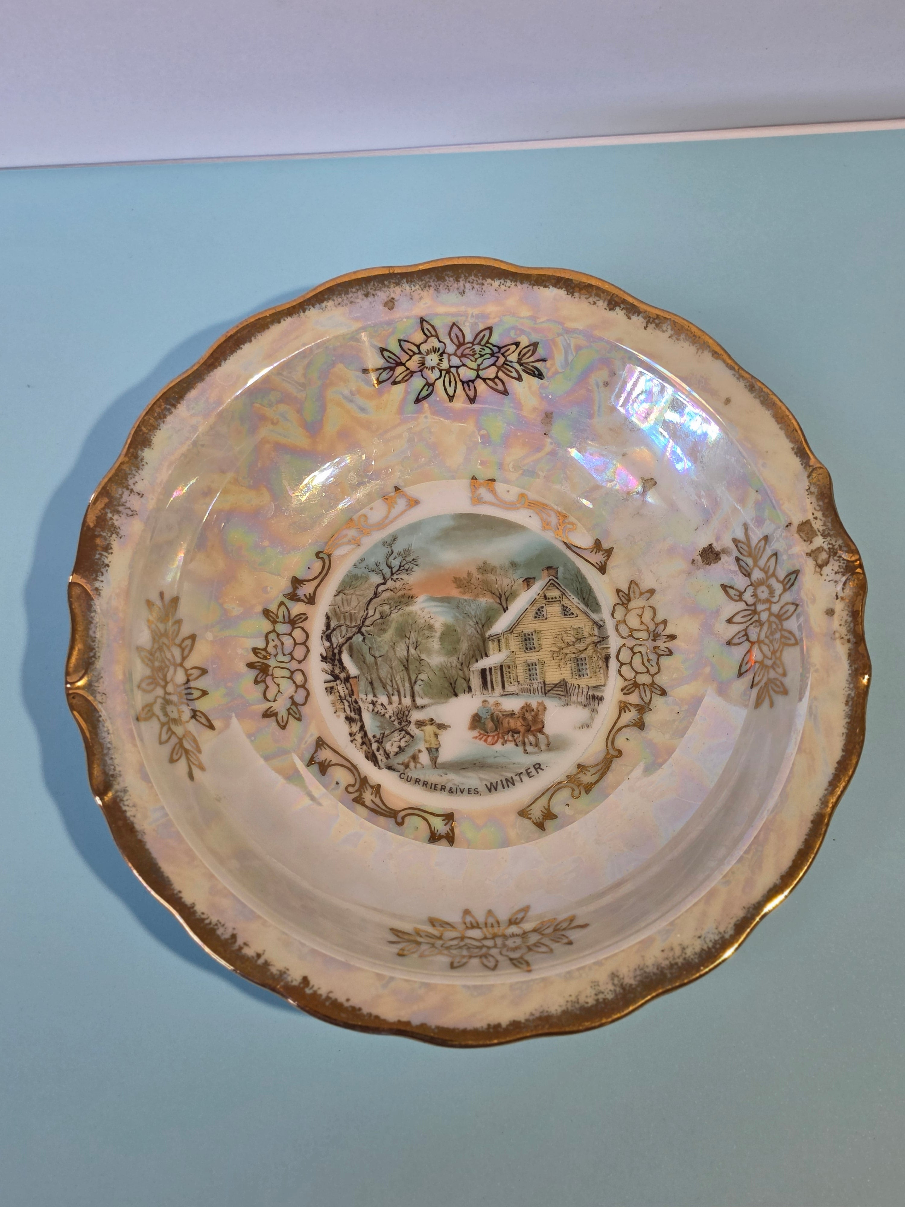 The Homestead Basin — Vintage Japanese Lusterware with Currier & Ives Winter Pastoral Scene